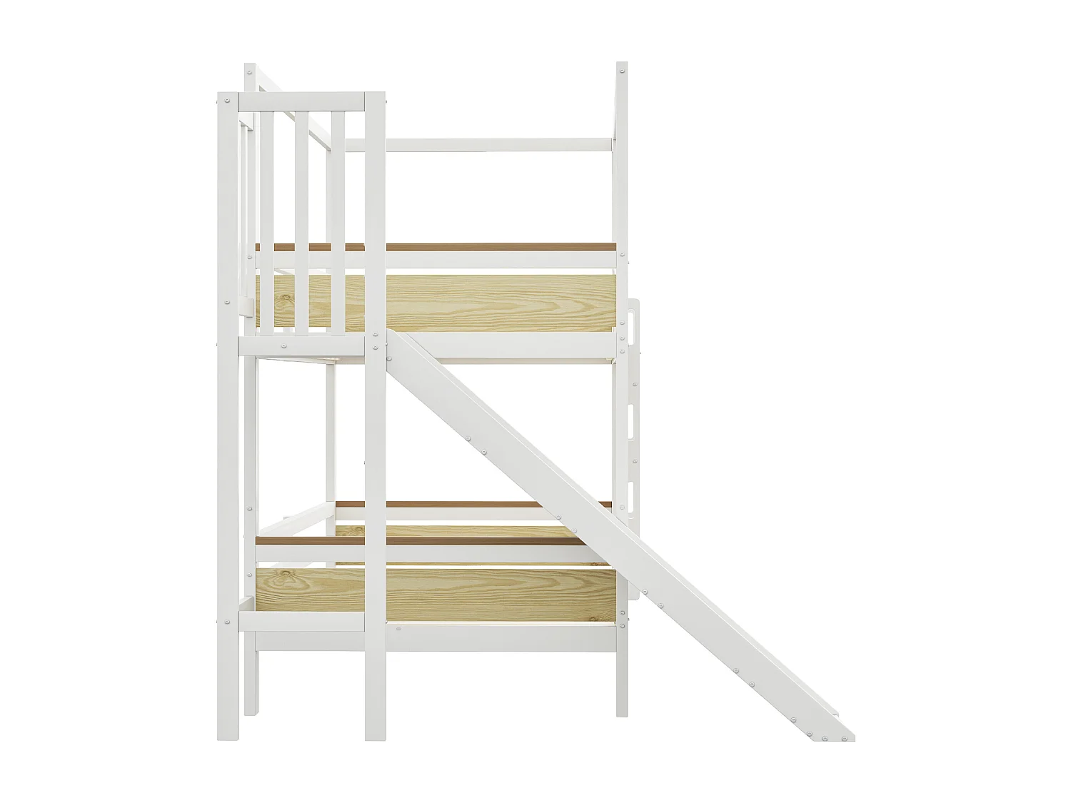 Lit superposé enfant 90x200 cm - avec barrières de sécurité - avec toboggan - blanc + naturel (matelas non inclus)