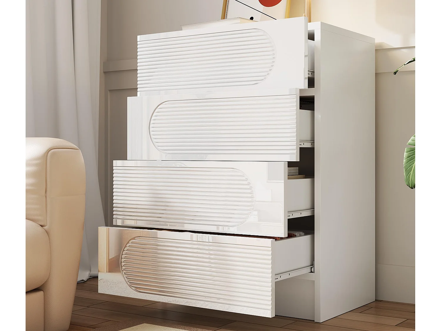 Buffet moderne 60x38.5x85 cm - Meuble de rangement avec 4 tiroirs - Finition brillante - Blanc