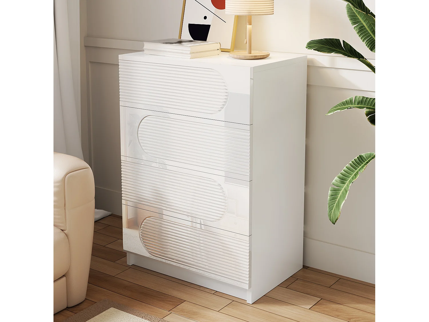 Buffet moderne 60x38.5x85 cm - Meuble de rangement avec 4 tiroirs - Finition brillante - Blanc