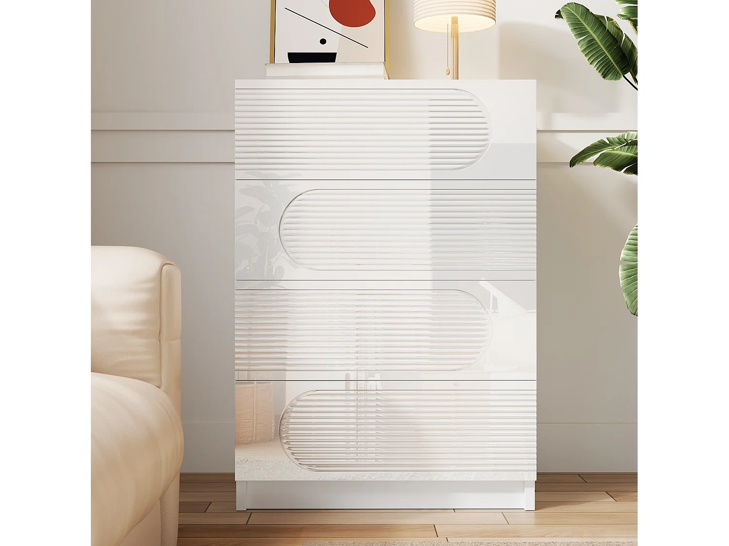 Buffet moderne 60x38.5x85 cm - Meuble de rangement avec 4 tiroirs - Finition brillante - Blanc