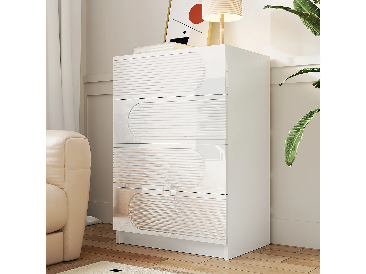 Buffet moderne 60x38.5x85 cm - Meuble de rangement avec 4 tiroirs - Finition brillante - Blanc