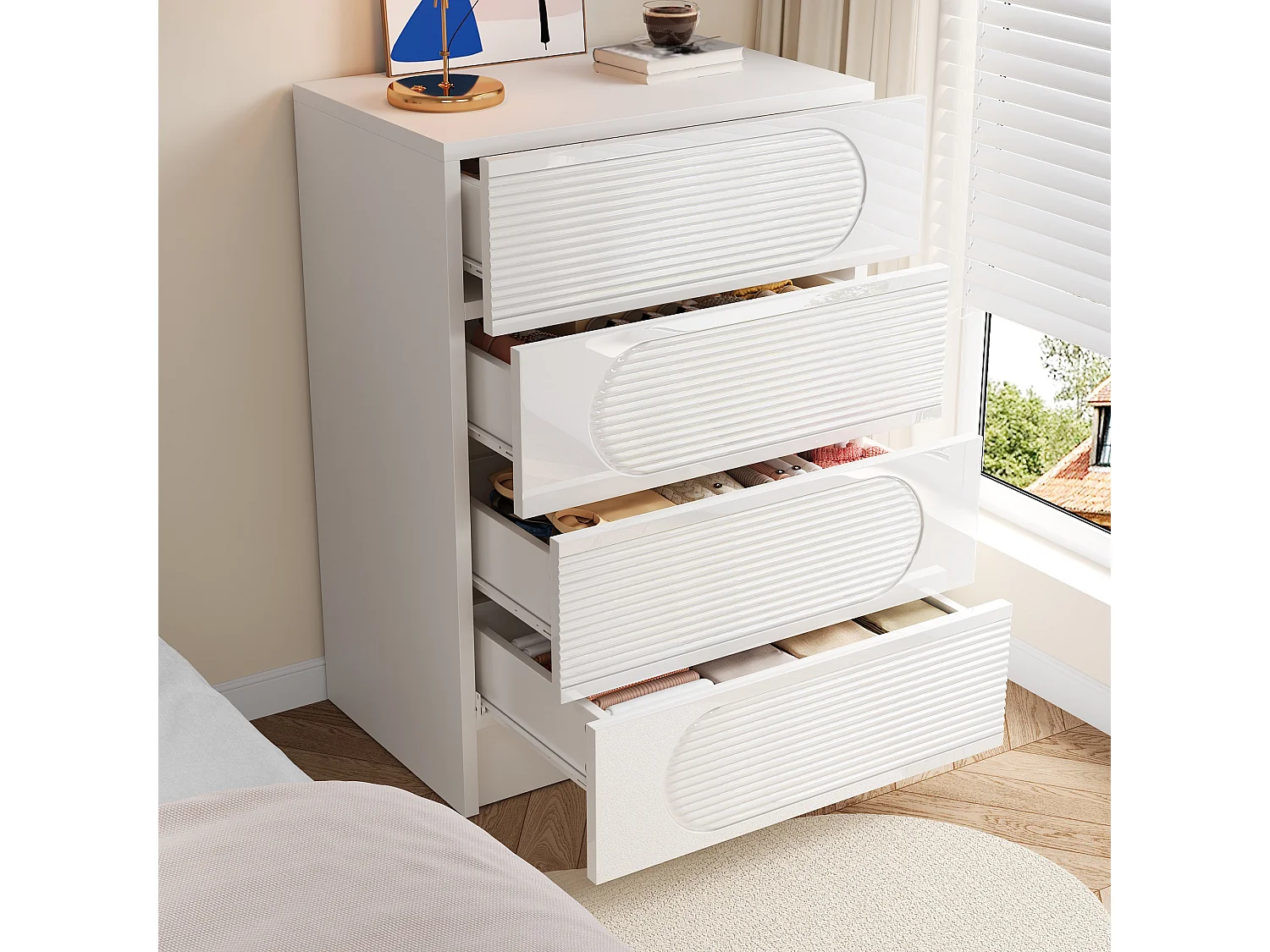 Buffet moderne 60x38.5x85 cm - Meuble de rangement avec 4 tiroirs - Finition brillante - Blanc
