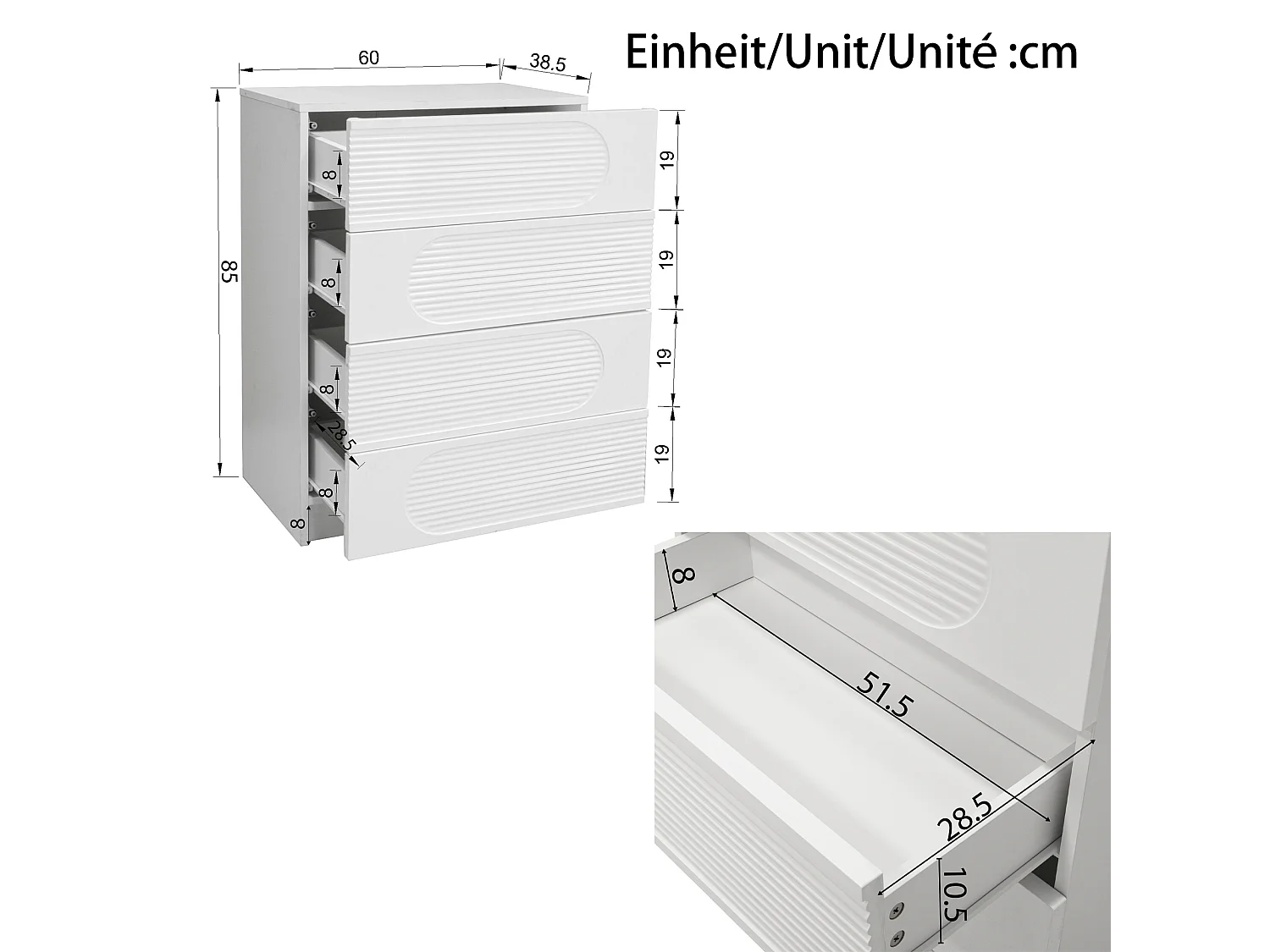 Buffet moderne 60x38.5x85 cm - Meuble de rangement avec 4 tiroirs - Finition brillante - Blanc