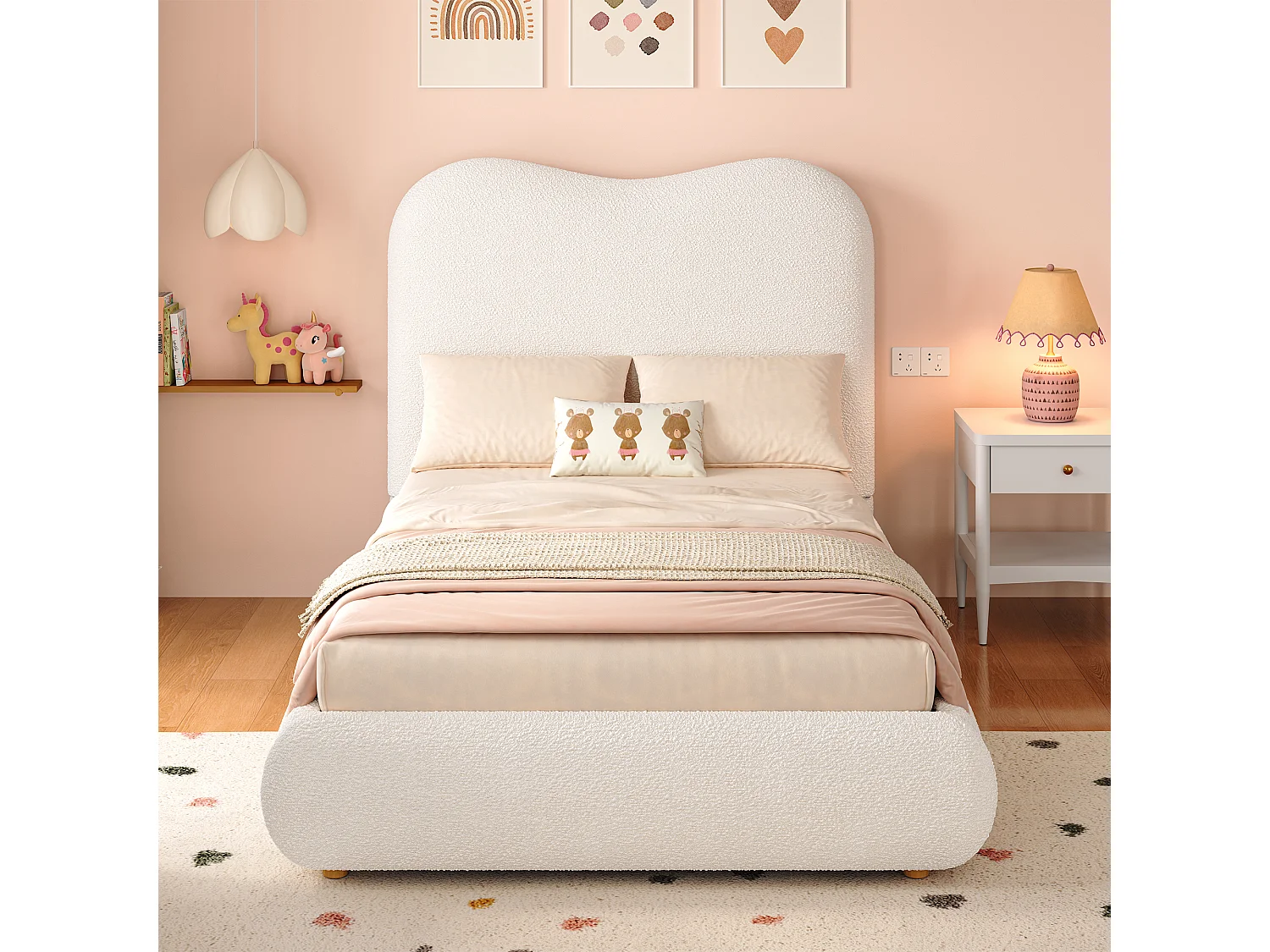 Kinderbed met opbergruimte 90x200 cm - met gestoffeerd hoofdeinde - Fluweel bekleding - Beige​ (matras niet inbegrepen)