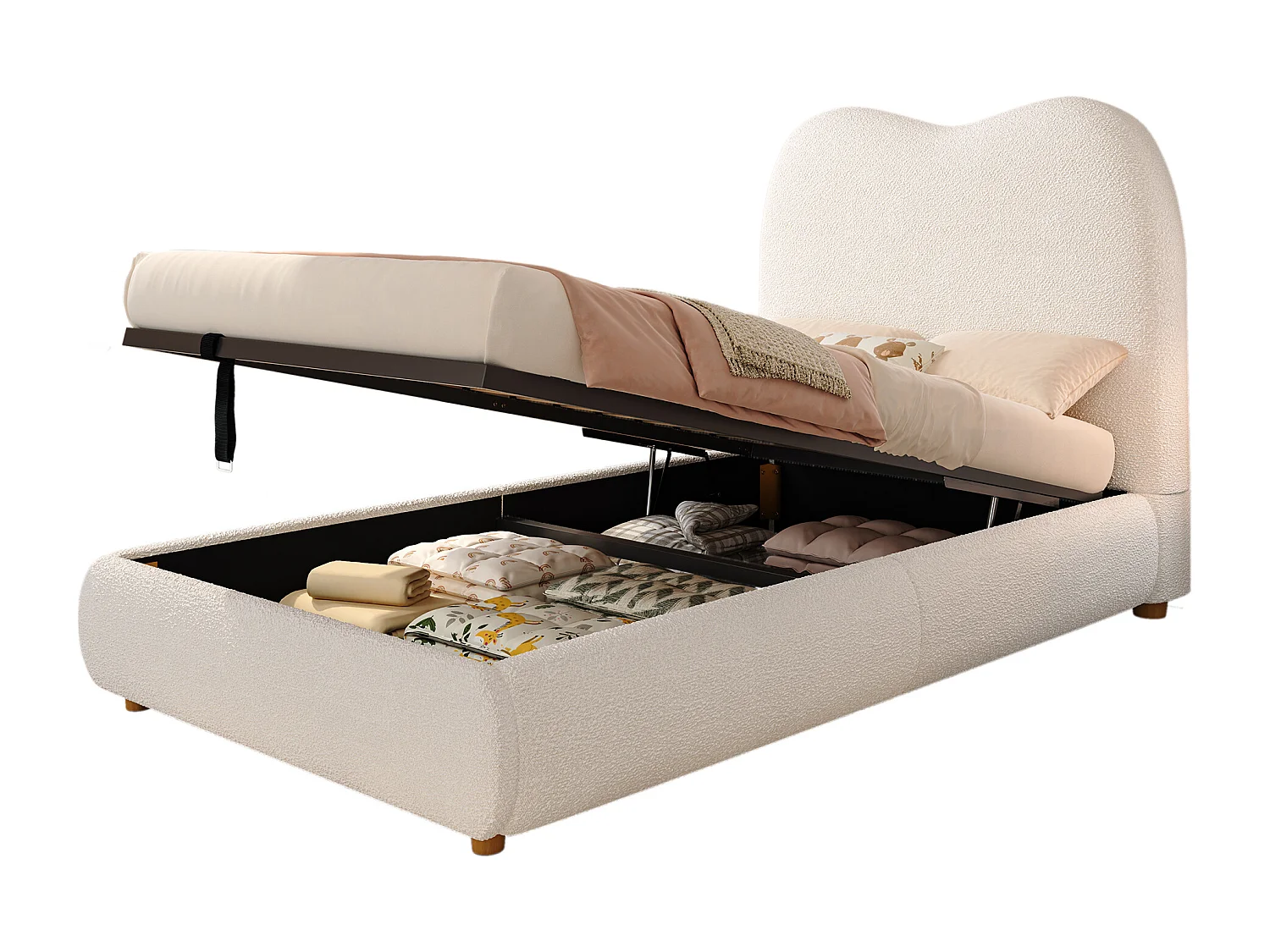 Kinderbed met opbergruimte 90x200 cm - met gestoffeerd hoofdeinde - Fluweel bekleding - Beige​ (matras niet inbegrepen)