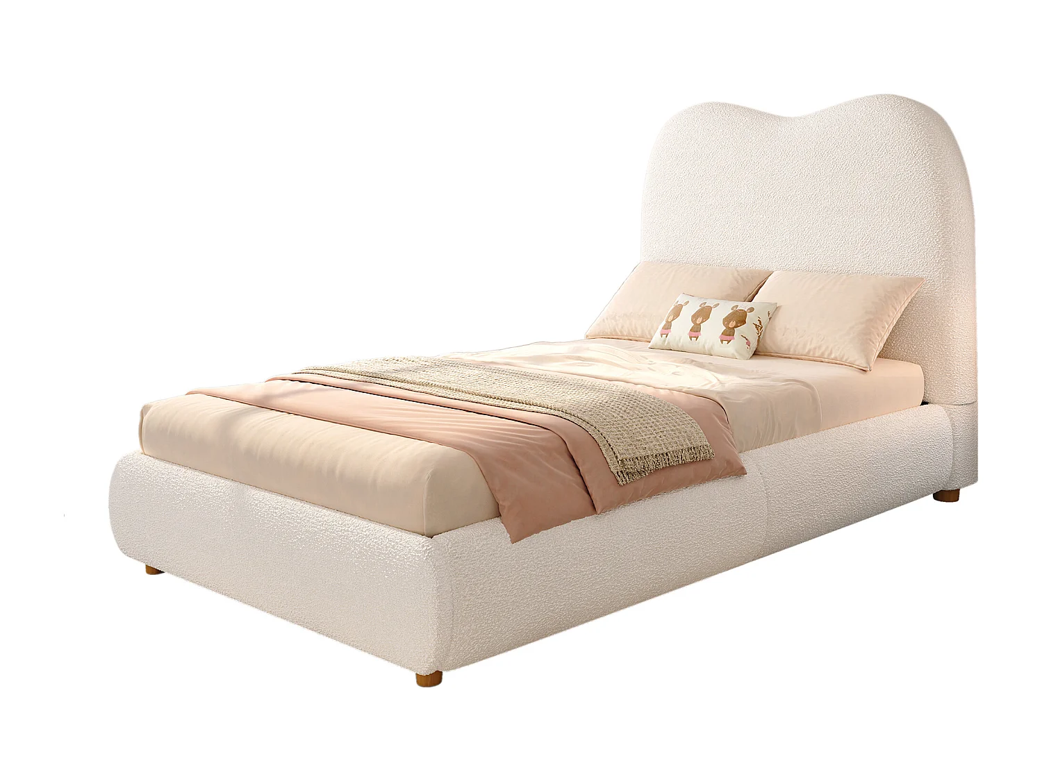 Kinderbed met opbergruimte 90x200 cm - met gestoffeerd hoofdeinde - Fluweel bekleding - Beige​ (matras niet inbegrepen)