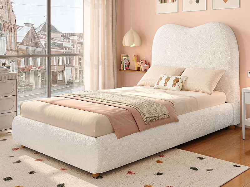 Lit enfant coffre 90x200 cm - avec tête de lit capitonnée - Revêtement en velours - Beige (matelas non inclus)