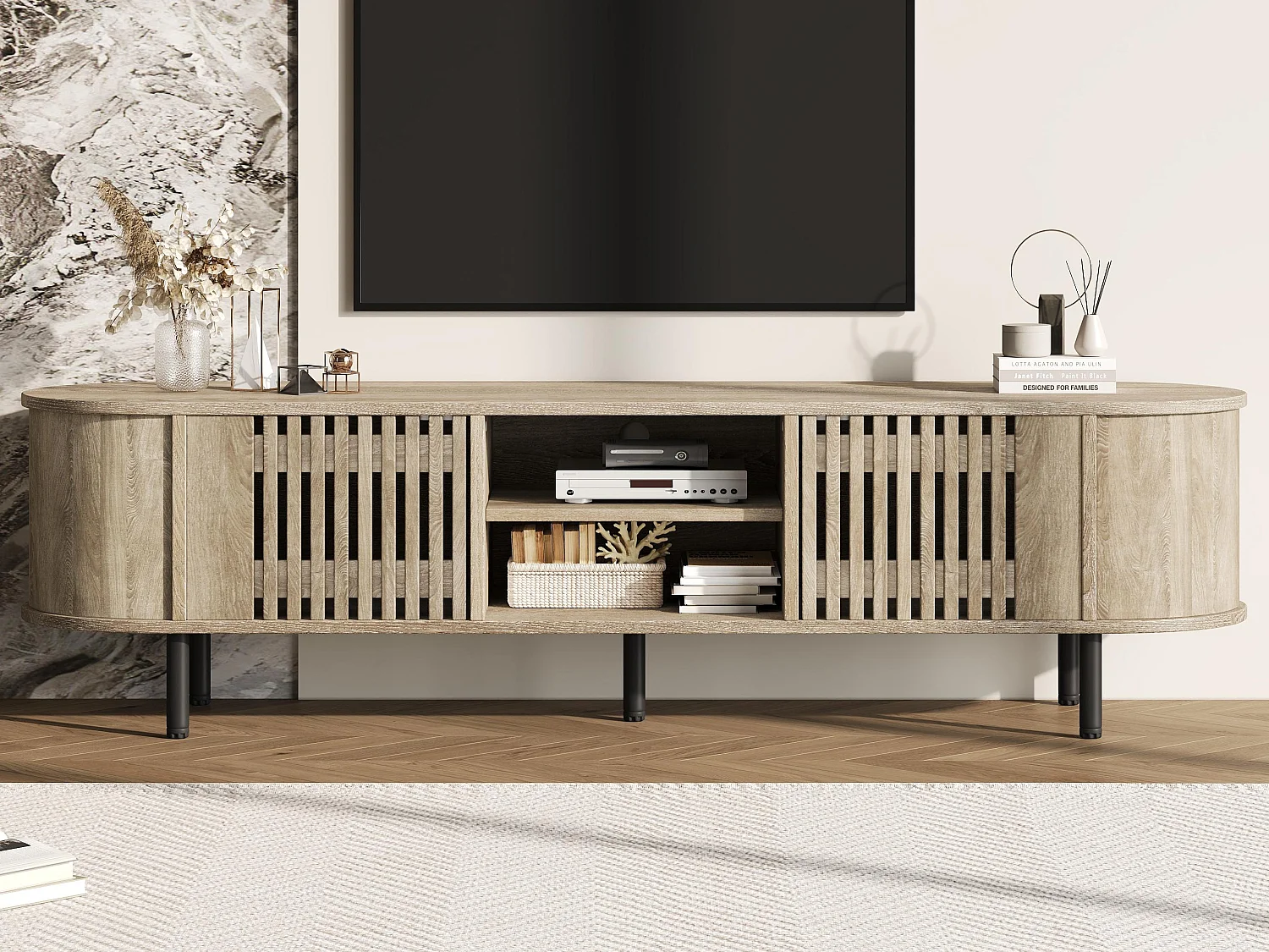 Meble TV 160x40x47 cm - z 2 drzwiami - Półotwarte przechowywanie - Wzór ażurowy - Nogi metalowe - MDF - Kolor naturalny