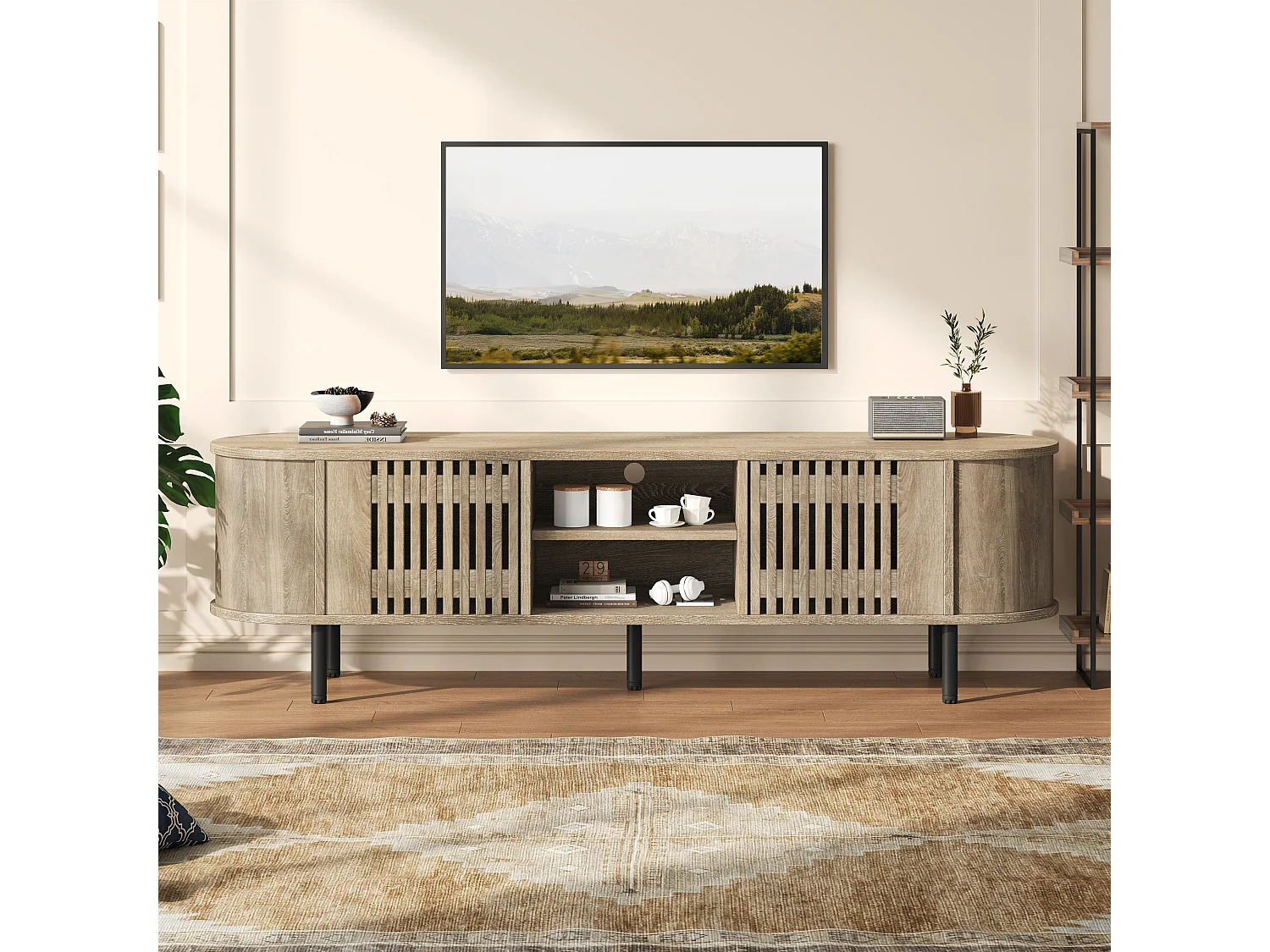 Meble TV 160x40x47 cm - z 2 drzwiami - Półotwarte przechowywanie - Wzór ażurowy - Nogi metalowe - MDF - Kolor naturalny