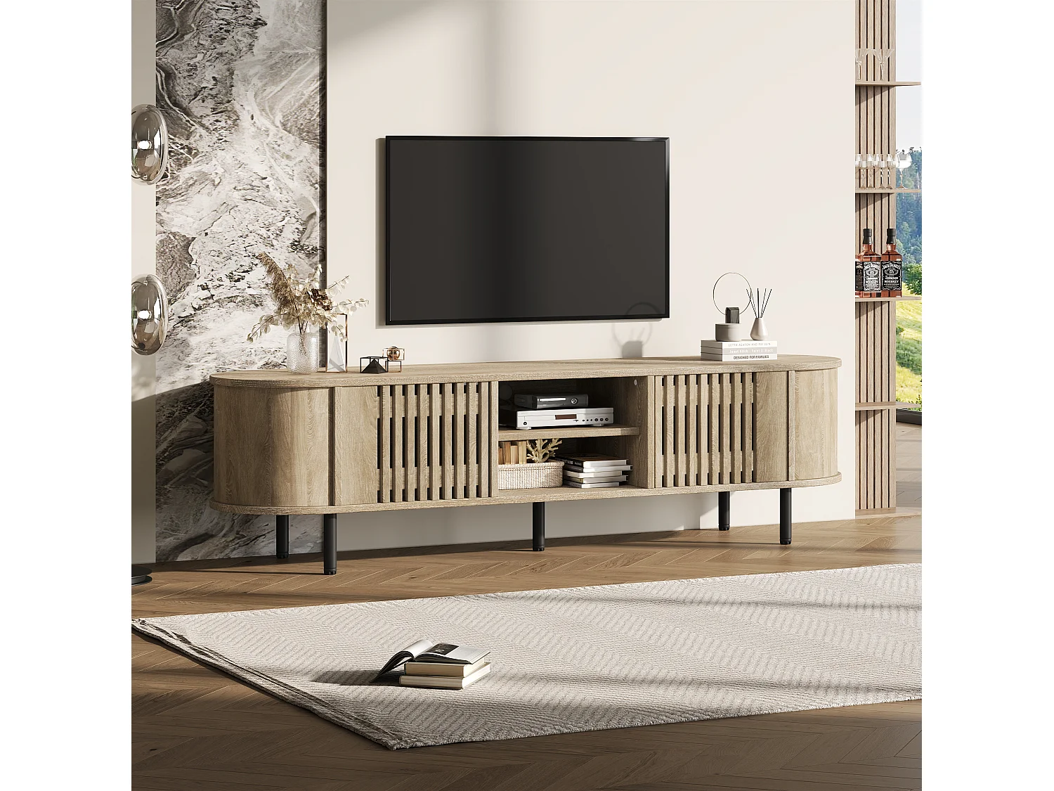 Meble TV 160x40x47 cm - z 2 drzwiami - Półotwarte przechowywanie - Wzór ażurowy - Nogi metalowe - MDF - Kolor naturalny