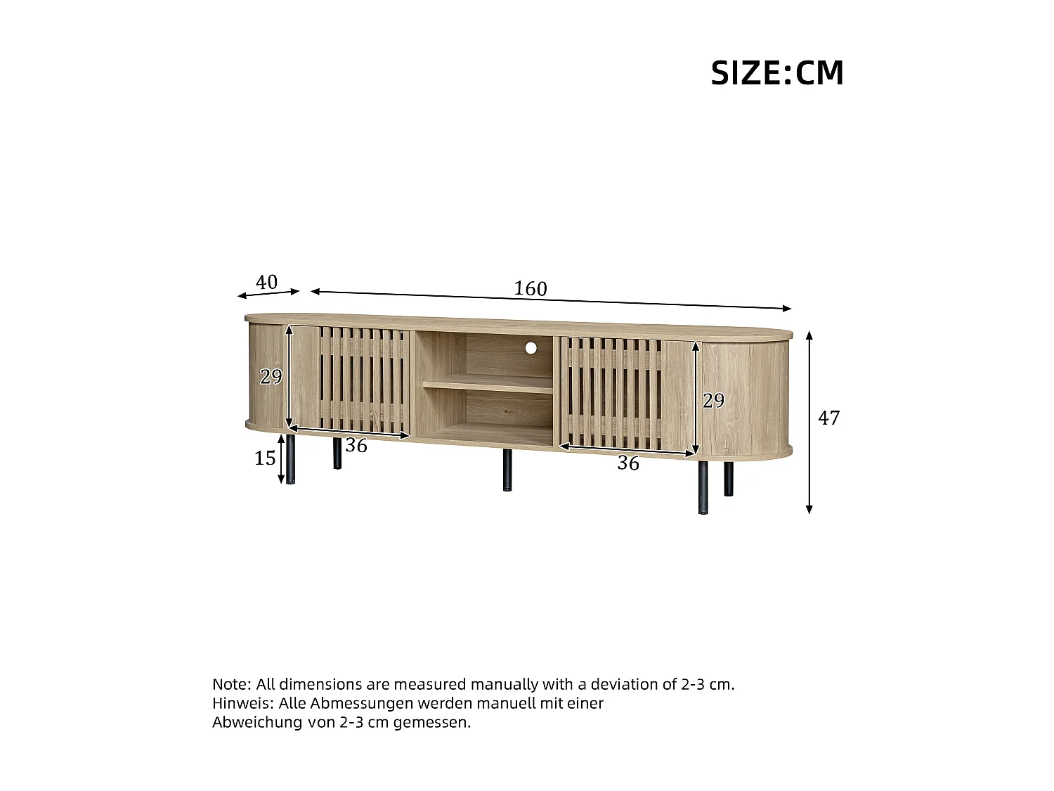 Meble TV 160x40x47 cm - z 2 drzwiami - Półotwarte przechowywanie - Wzór ażurowy - Nogi metalowe - MDF - Kolor naturalny