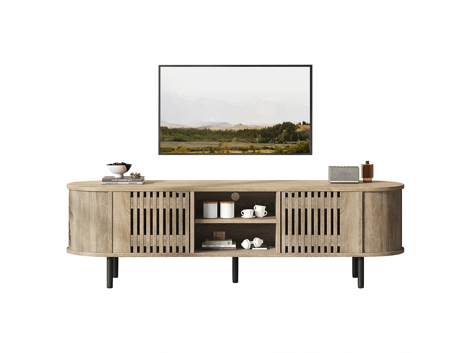 Meble TV 160x40x47 cm - z 2 drzwiami - Półotwarte przechowywanie - Wzór ażurowy - Nogi metalowe - MDF - Kolor naturalny