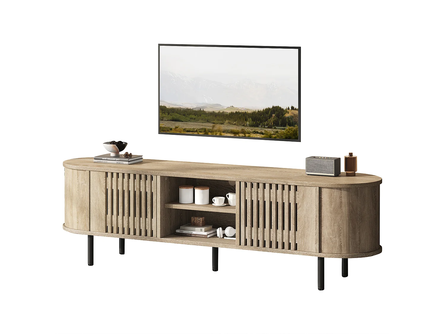 Meble TV 160x40x47 cm - z 2 drzwiami - Półotwarte przechowywanie - Wzór ażurowy - Nogi metalowe - MDF - Kolor naturalny