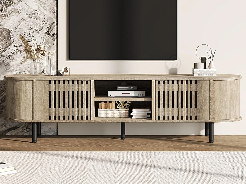 Meble TV 160x40x47 cm - z 2 drzwiami - Półotwarte przechowywanie - Wzór ażurowy - Nogi metalowe - MDF - Kolor naturalny