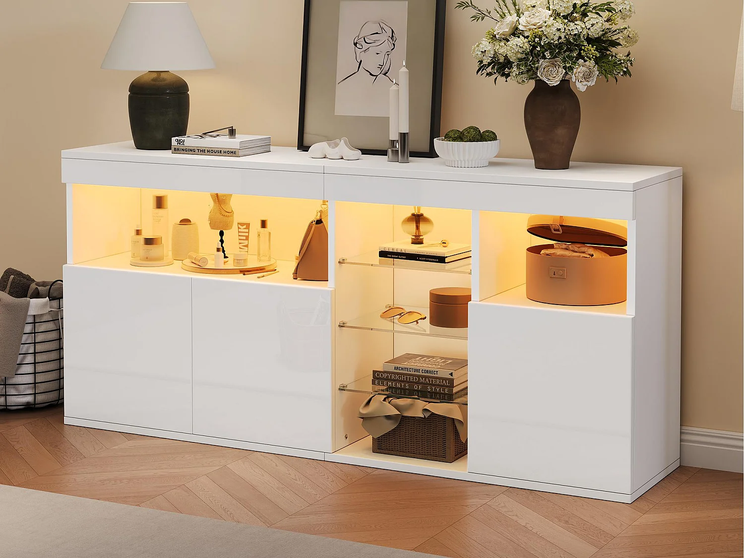 Buffet haut brillant 155,5x35x72 cm - avec éclairage LED - 3 portes et 3 étagères en verre - Blanc
