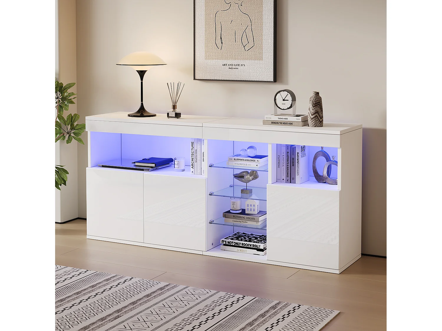 Buffet haut brillant 155,5x35x72 cm - avec éclairage LED - 3 portes et 3 étagères en verre - Blanc
