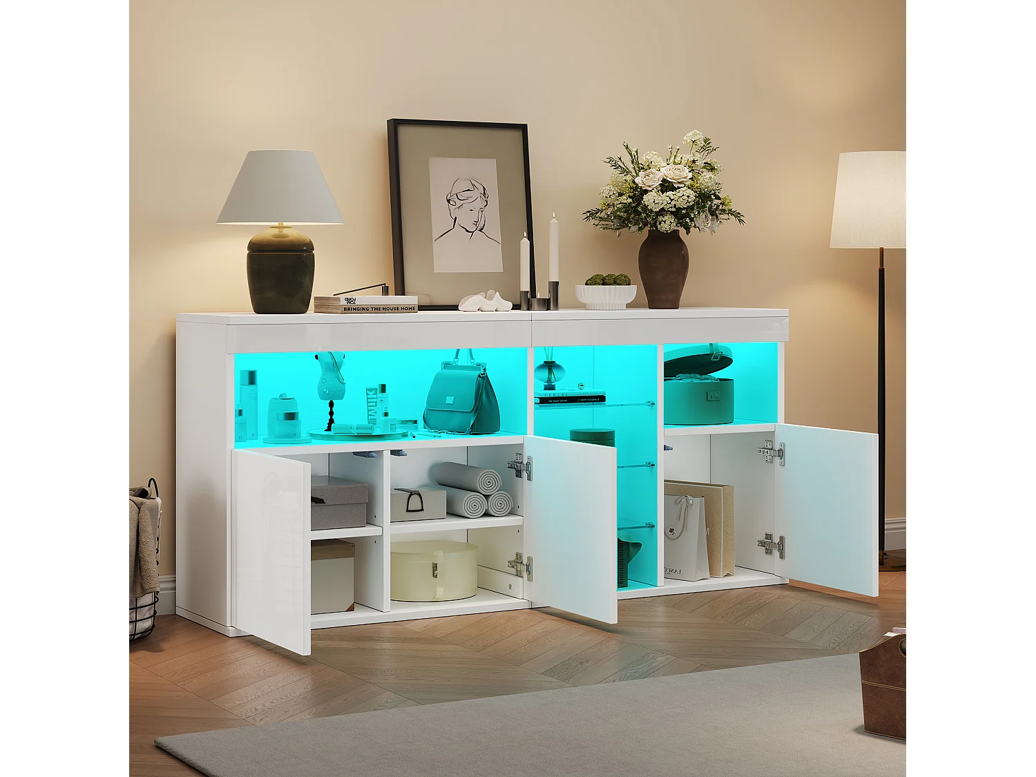 Buffet haut brillant 155,5x35x72 cm - avec éclairage LED - 3 portes et 3 étagères en verre - Blanc