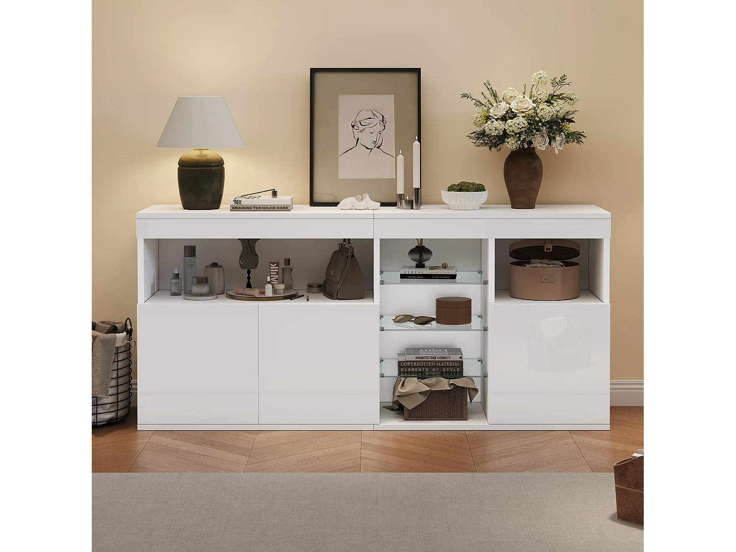 Buffet haut brillant 155,5x35x72 cm - avec éclairage LED - 3 portes et 3 étagères en verre - Blanc
