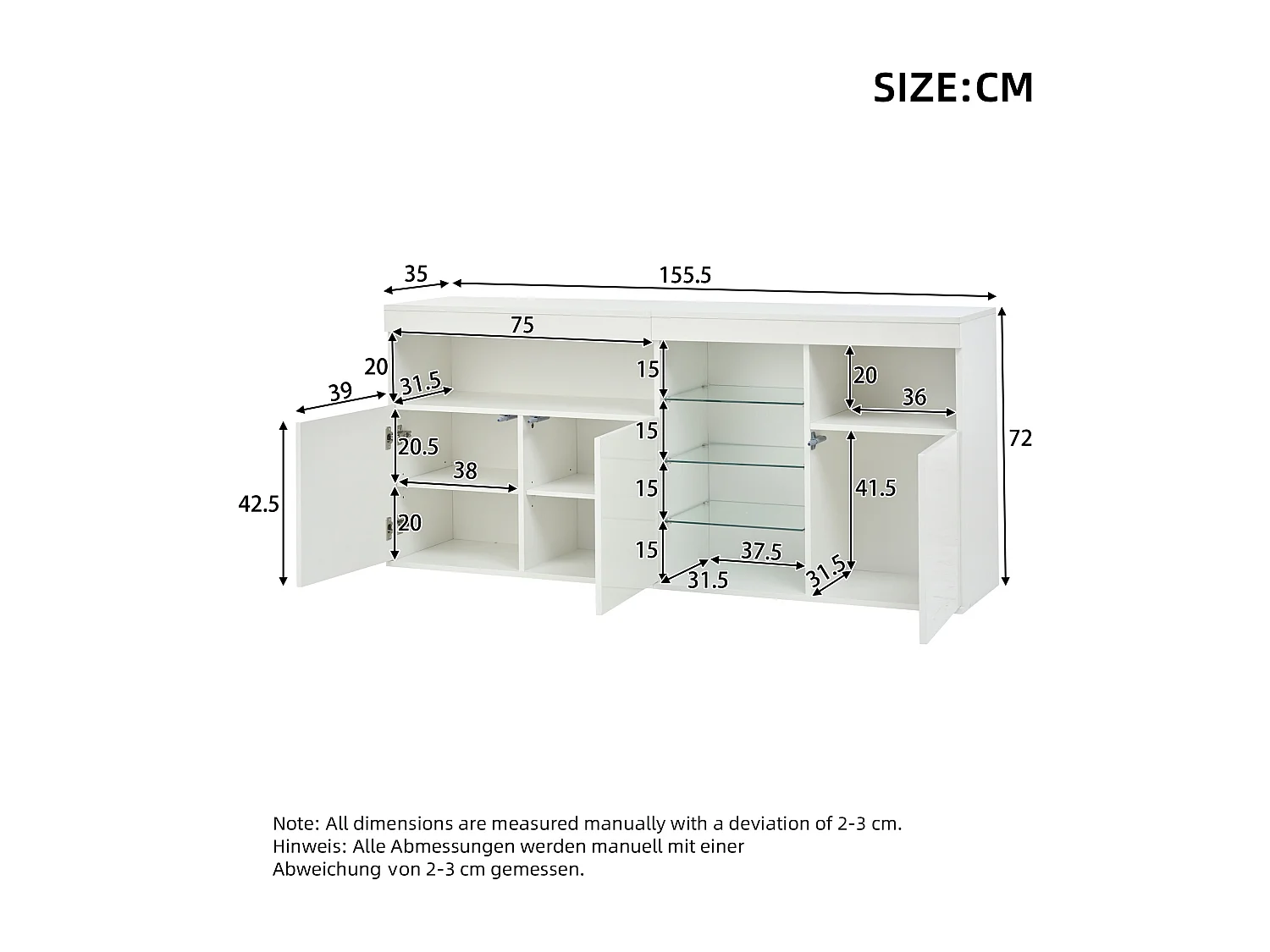 Buffet haut brillant 155,5x35x72 cm - avec éclairage LED - 3 portes et 3 étagères en verre - Blanc
