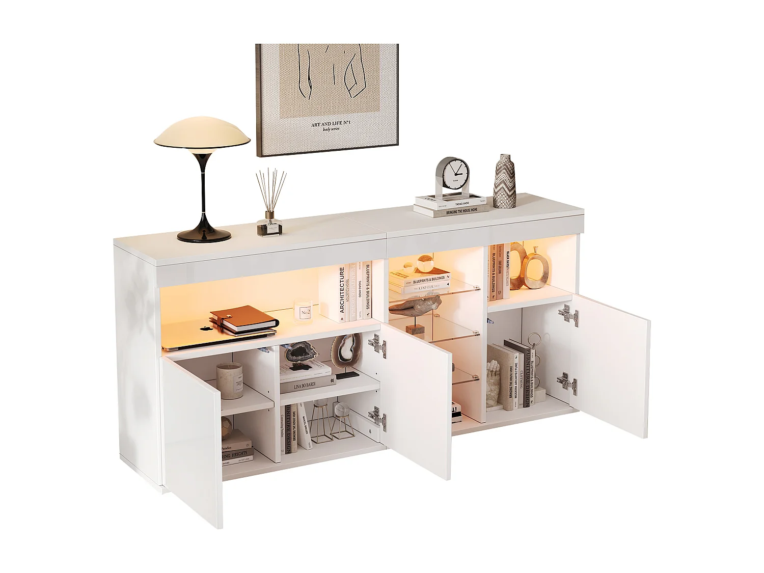 Buffet haut brillant 155,5x35x72 cm - avec éclairage LED - 3 portes et 3 étagères en verre - Blanc