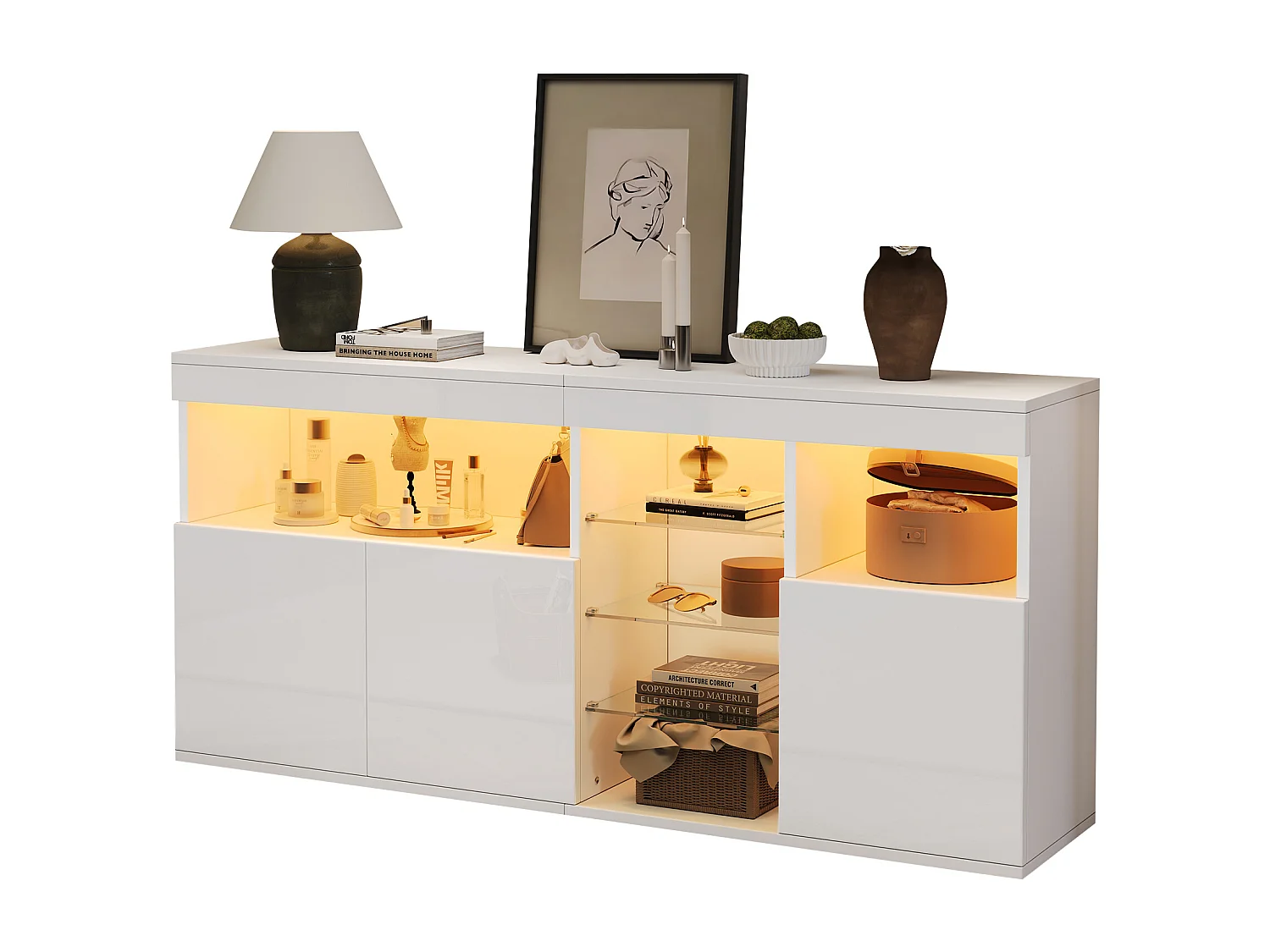 Buffet haut brillant 155,5x35x72 cm - avec éclairage LED - 3 portes et 3 étagères en verre - Blanc