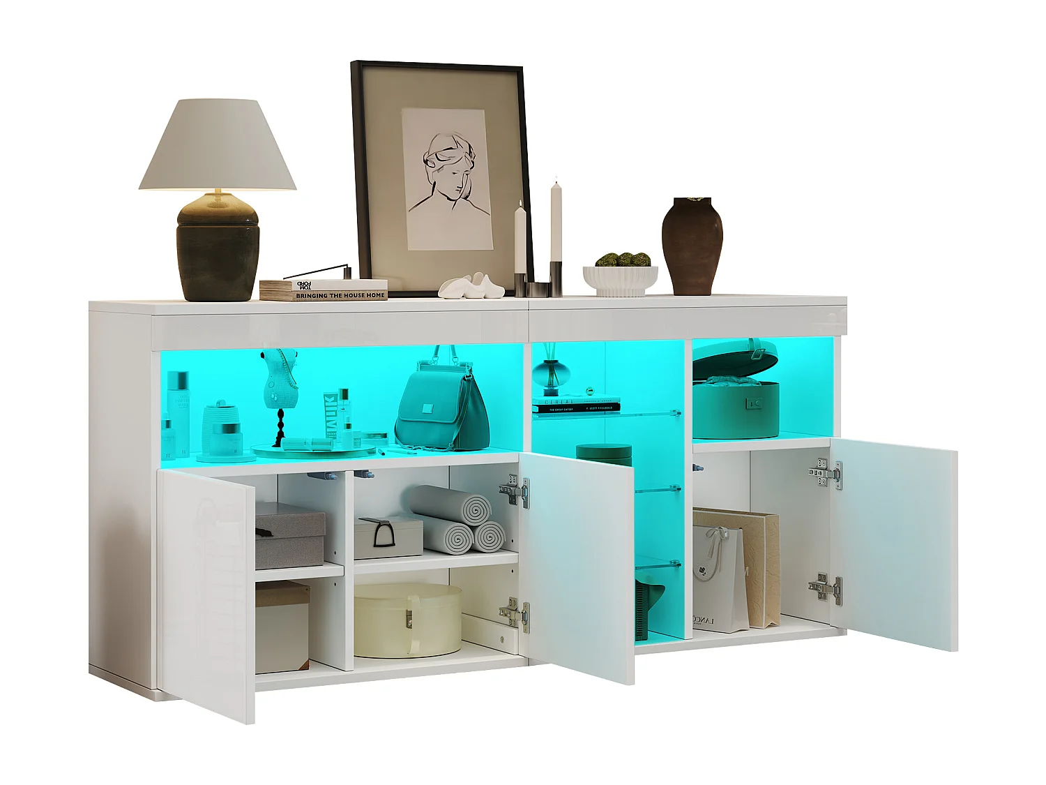 Buffet haut brillant 155,5x35x72 cm - avec éclairage LED - 3 portes et 3 étagères en verre - Blanc