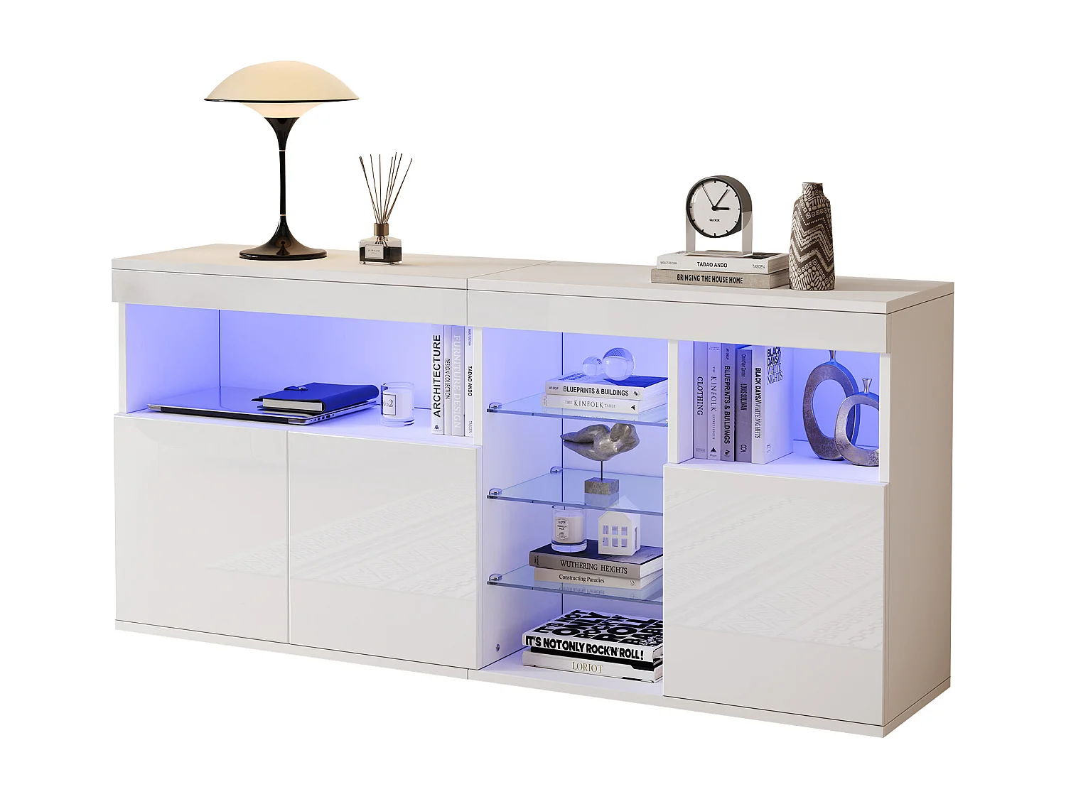 Buffet haut brillant 155,5x35x72 cm - avec éclairage LED - 3 portes et 3 étagères en verre - Blanc