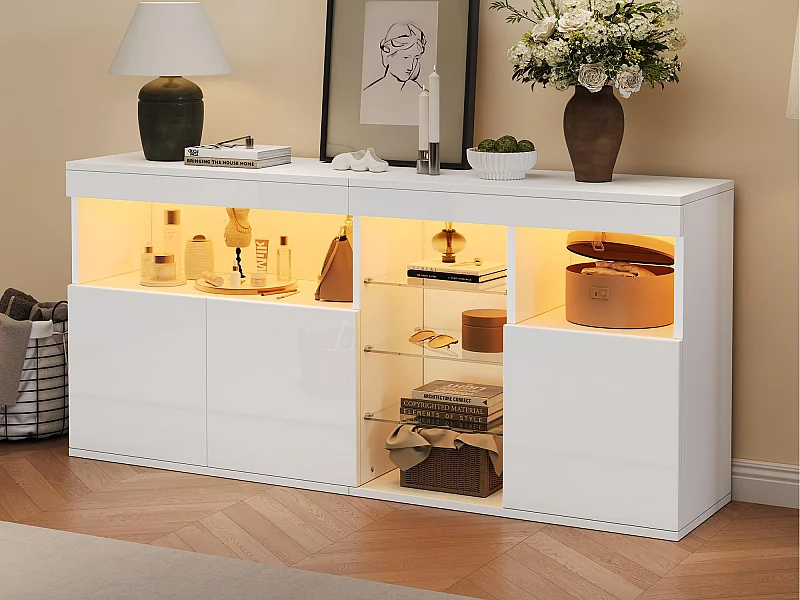Buffet haut brillant 155,5x35x72 cm - avec éclairage LED - 3 portes et 3 étagères en verre - Blanc