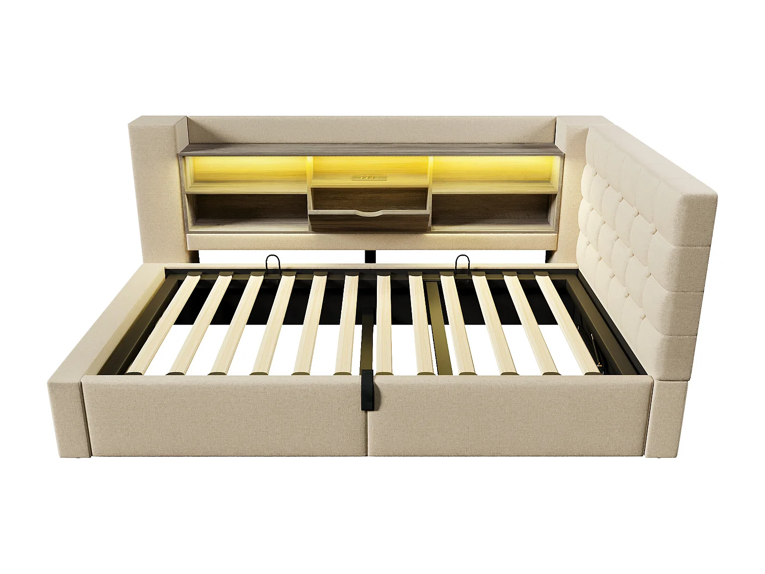 Canapé-lit coffre 90x200cm - avec LED et port de chargement - avec sommier à lattes - tissu de lin - beige (matelas non inclus)