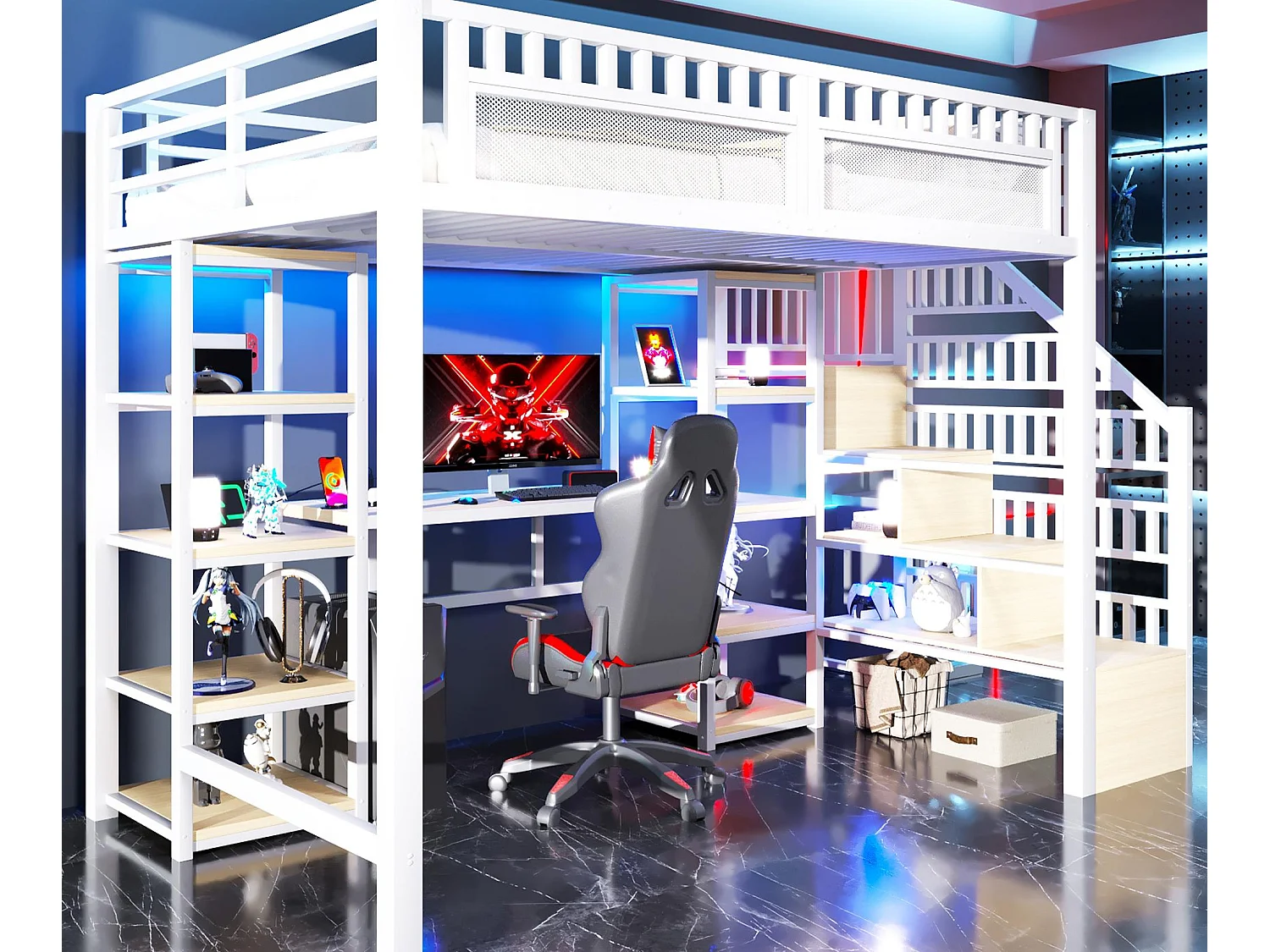 Hoogslaper 140x200 cm - Geïntegreerde opbergtrap - Ingebouwd bureau - LED-lichtstrip + USB-poort - wit​ (matras niet inbegrepen)