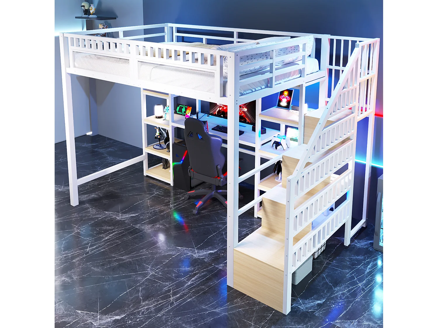 Hoogslaper 140x200 cm - Geïntegreerde opbergtrap - Ingebouwd bureau - LED-lichtstrip + USB-poort - wit​ (matras niet inbegrepen)