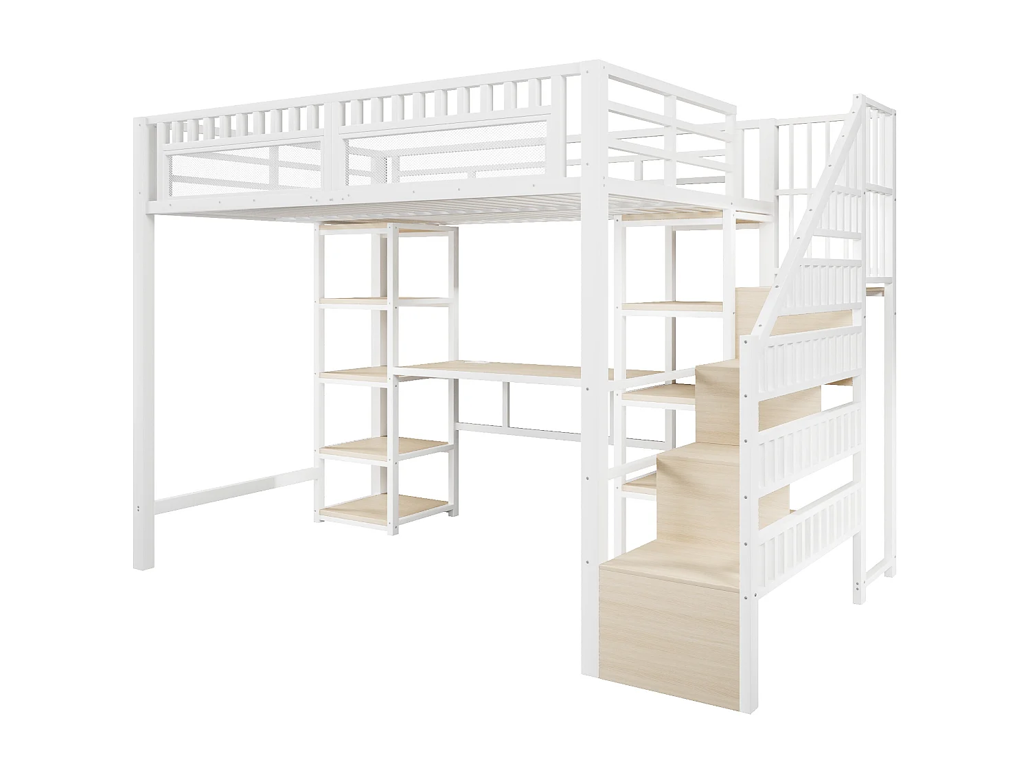 Hoogslaper 140x200 cm - Geïntegreerde opbergtrap - Ingebouwd bureau - LED-lichtstrip + USB-poort - wit​ (matras niet inbegrepen)