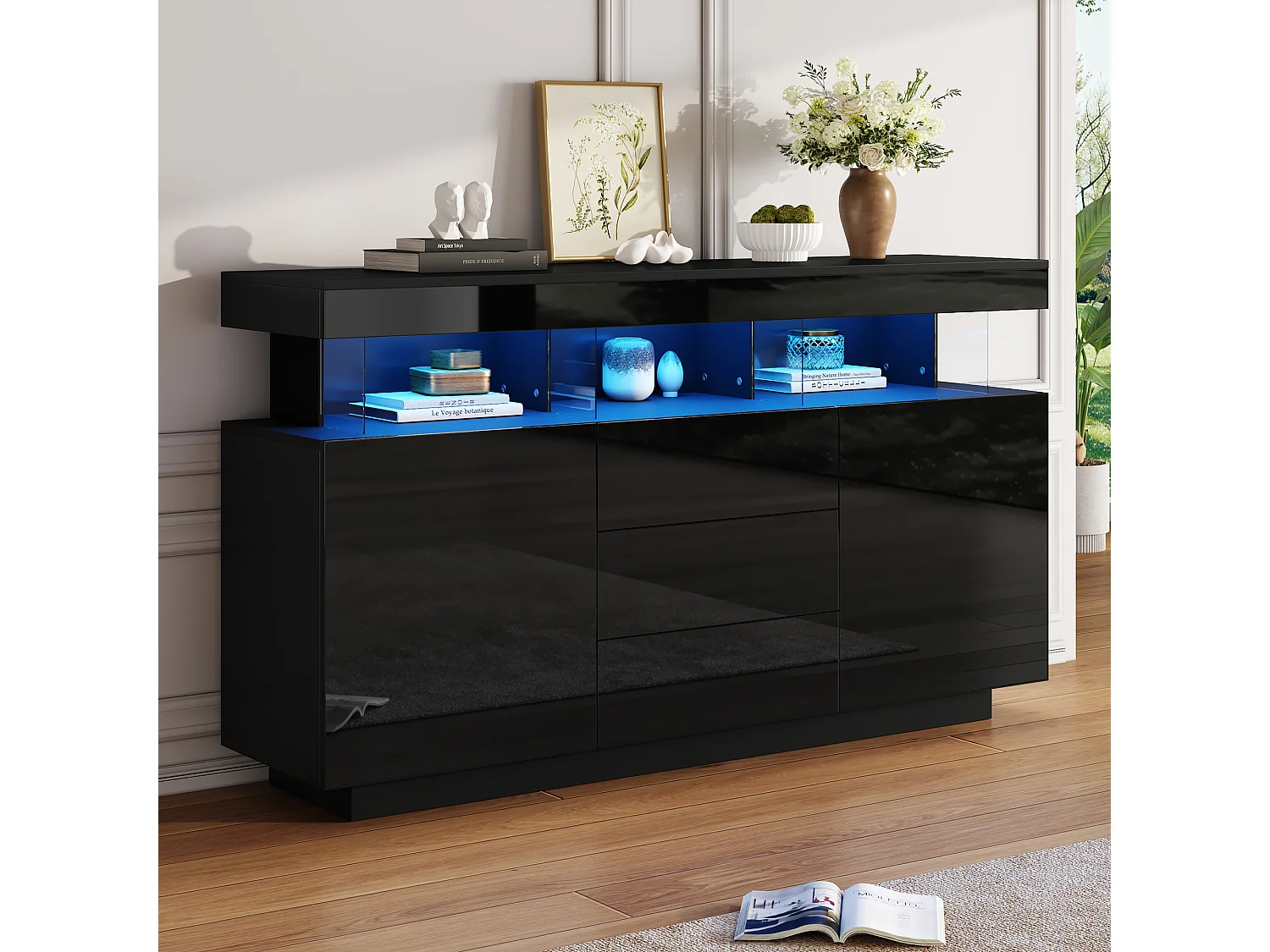 Buffet moderne 140x35x80 cm - 2 portes et 3 tiroirs - Éclairage LED - Étagères ouvertes - Finition brillante - Noir