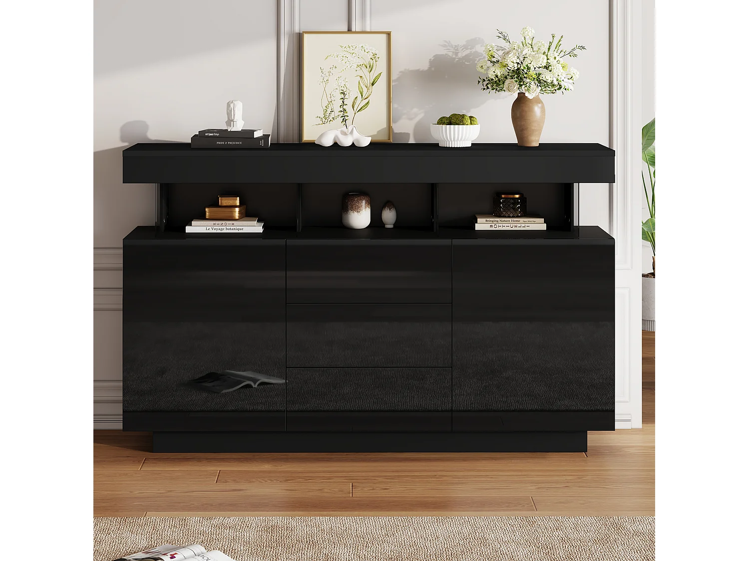 Buffet moderne 140x35x80 cm - 2 portes et 3 tiroirs - Éclairage LED - Étagères ouvertes - Finition brillante - Noir