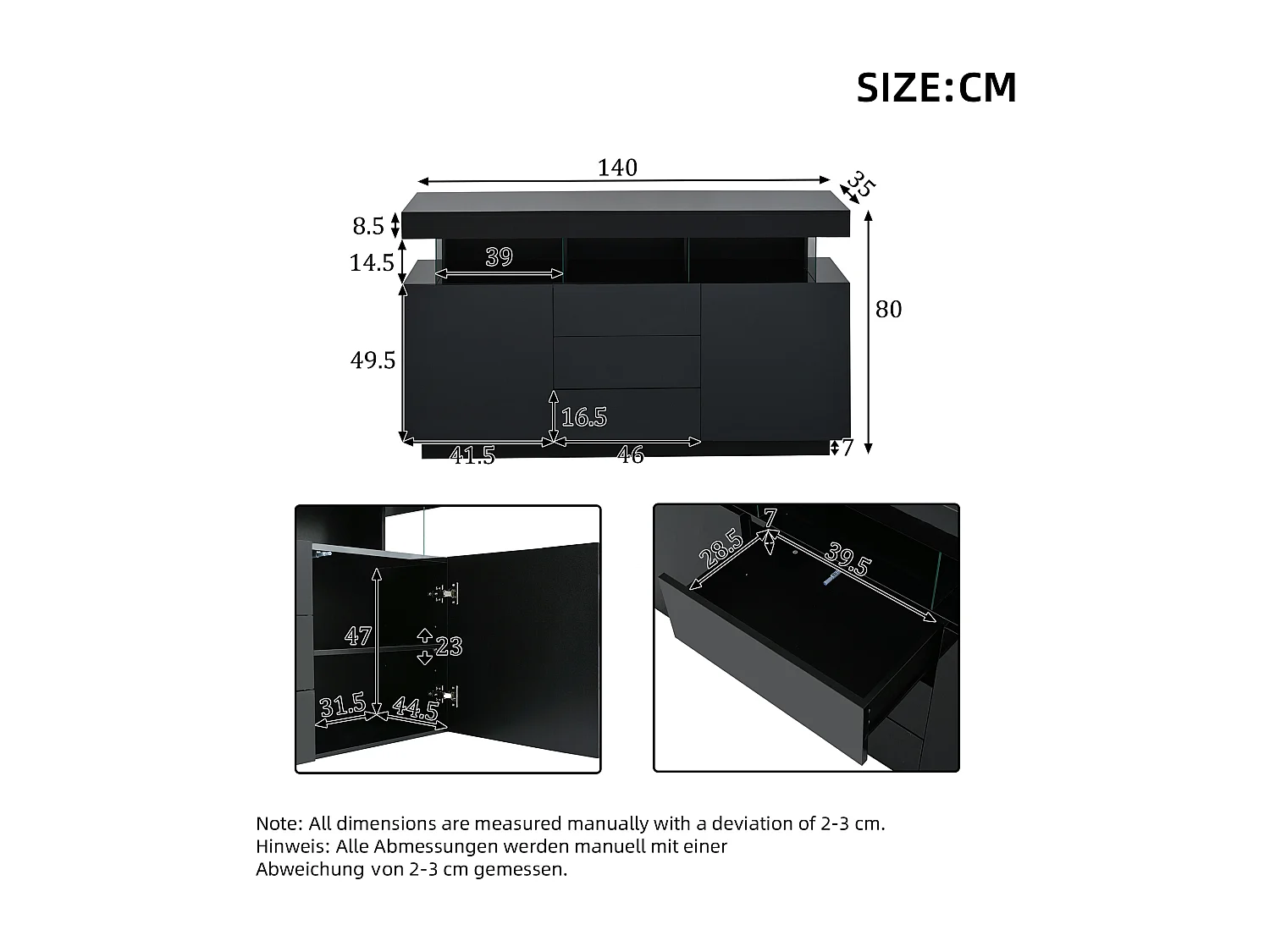 Buffet moderne 140x35x80 cm - 2 portes et 3 tiroirs - Éclairage LED - Étagères ouvertes - Finition brillante - Noir
