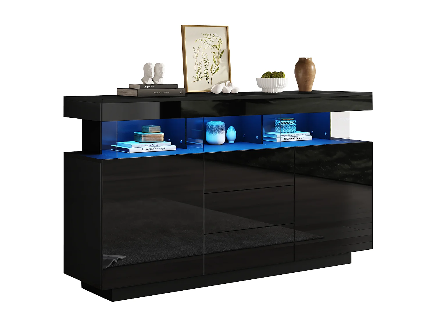 Buffet moderne 140x35x80 cm - 2 portes et 3 tiroirs - Éclairage LED - Étagères ouvertes - Finition brillante - Noir