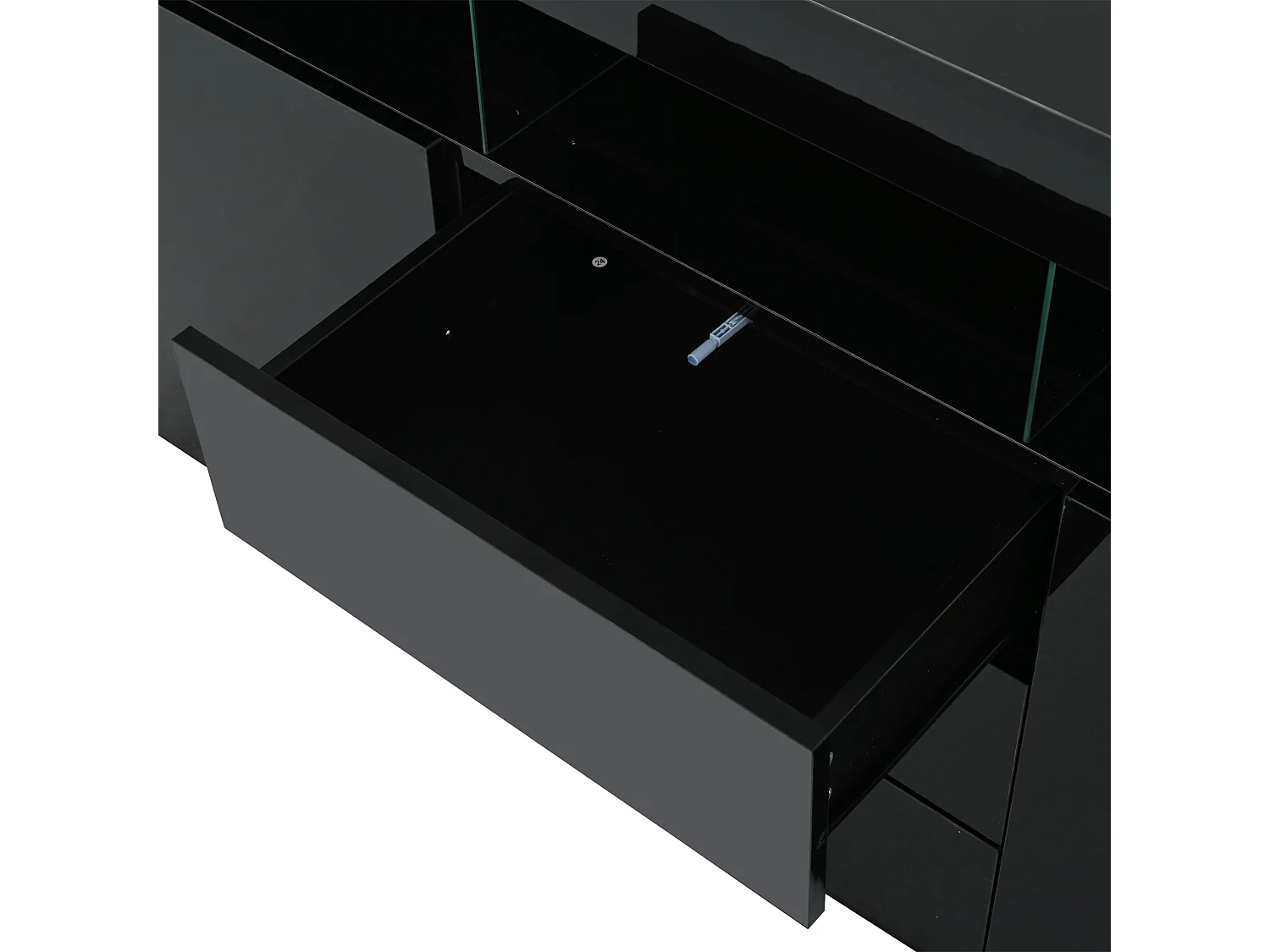 Buffet moderne 140x35x80 cm - 2 portes et 3 tiroirs - Éclairage LED - Étagères ouvertes - Finition brillante - Noir