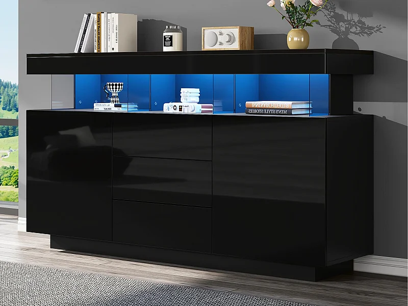 Buffet moderne 140x35x80 cm - 2 portes et 3 tiroirs - Éclairage LED - Étagères ouvertes - Finition brillante - Noir