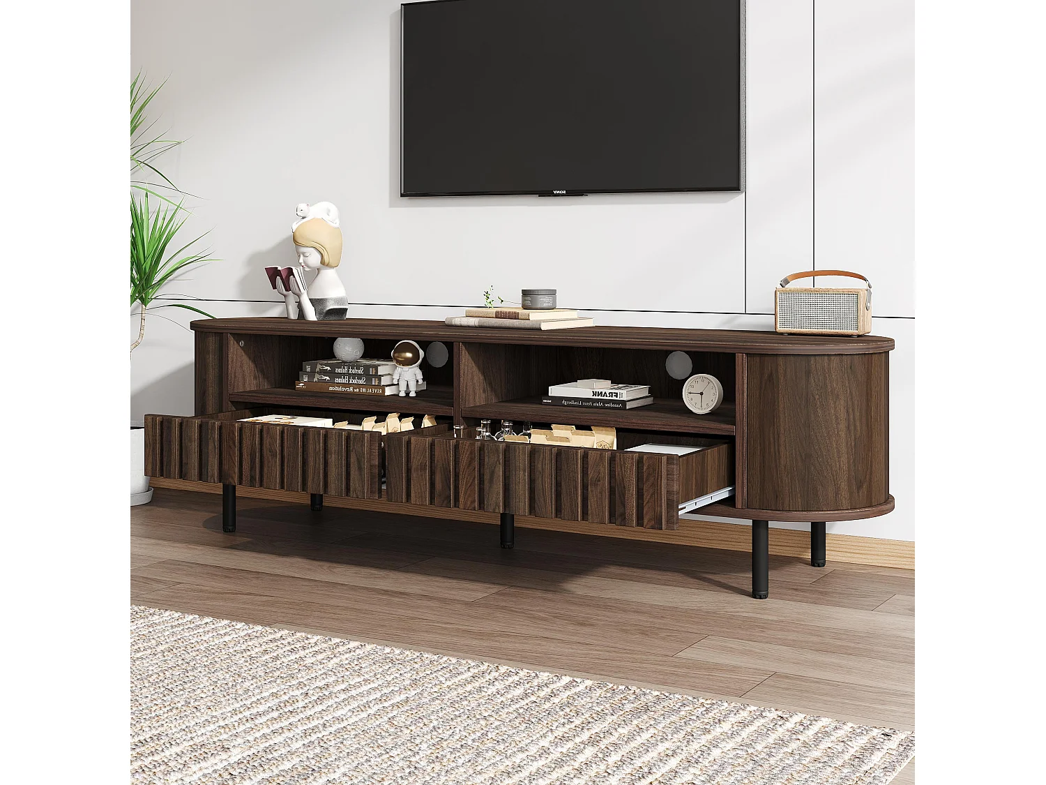 Meble TV 160x40x48 cm - z 2 szufladami - 2 półotwarte przegródki do przechowywania - MDF - Brązowy