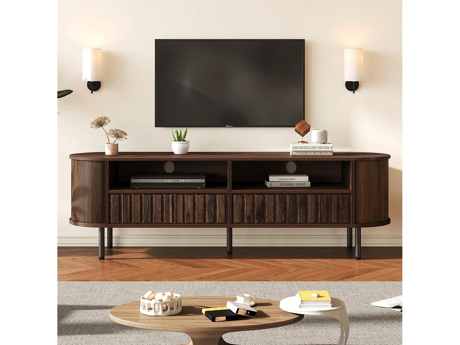 Meble TV 160x40x48 cm - z 2 szufladami - 2 półotwarte przegródki do przechowywania - MDF - Brązowy