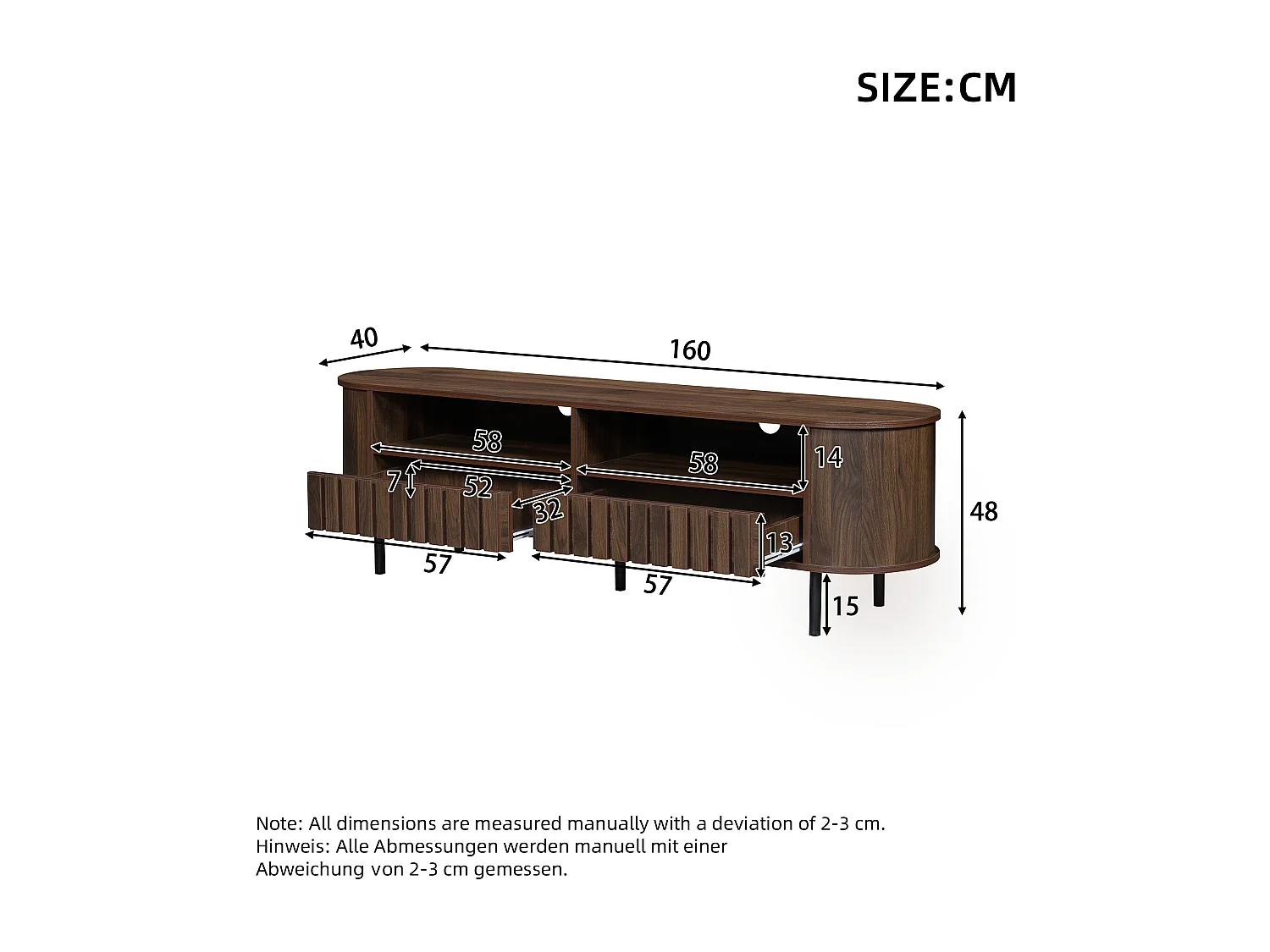 Meble TV 160x40x48 cm - z 2 szufladami - 2 półotwarte przegródki do przechowywania - MDF - Brązowy