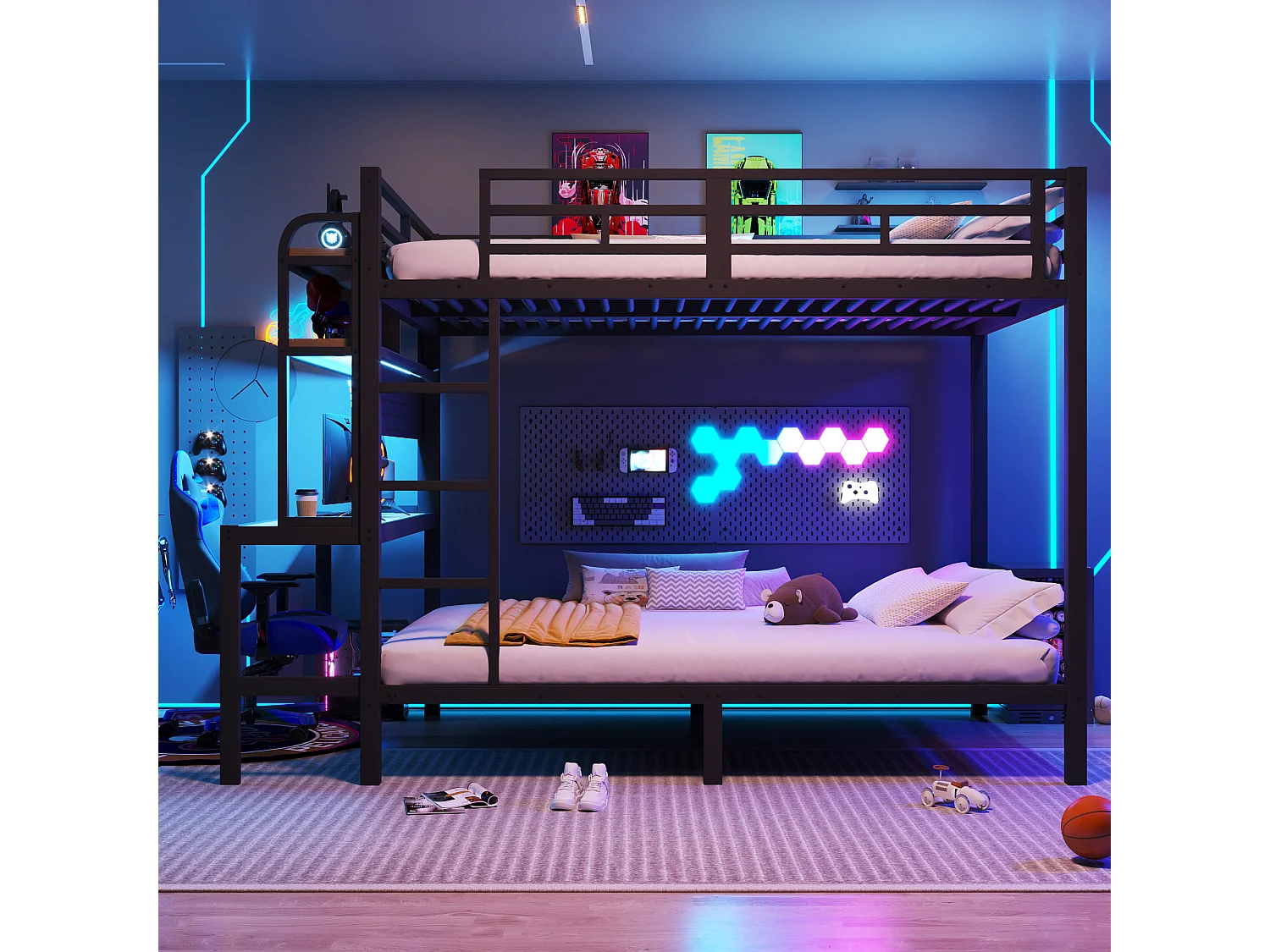 Łóżko piętrowe 140x200 cm - z przegródkami do przechowywania - z biurkiem - z oświetleniem LED - z portem USB - czarny​ (materac nie jest wliczony w cenę)