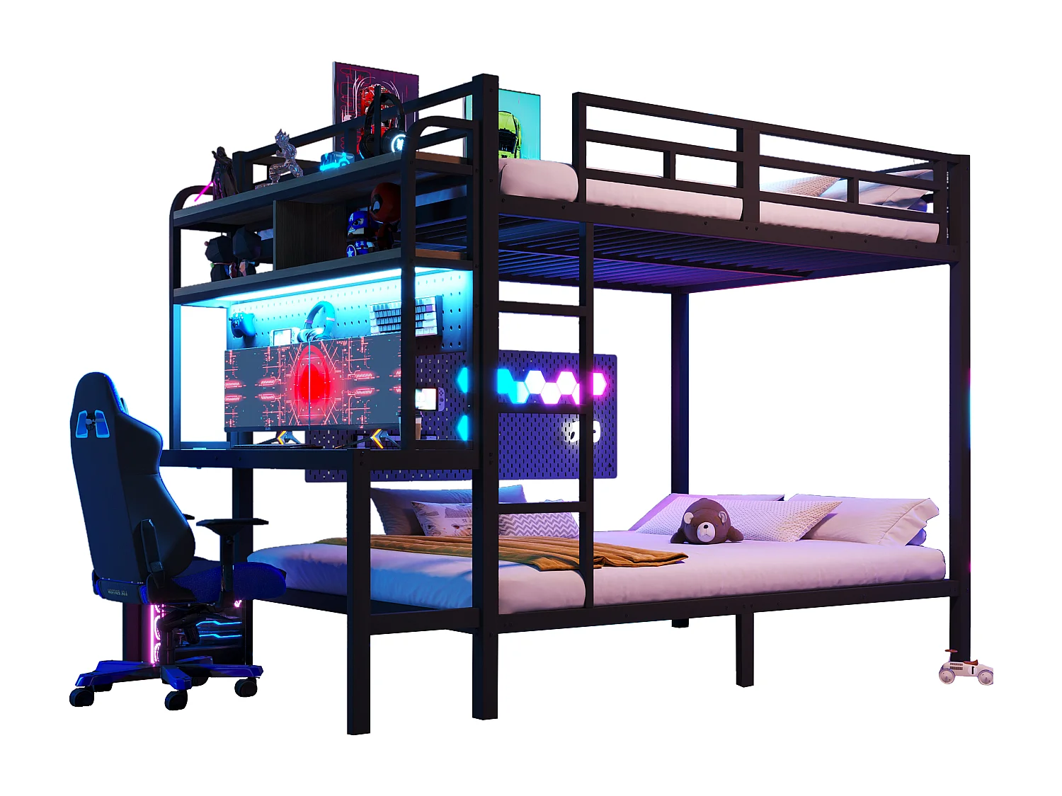 Łóżko piętrowe 140x200 cm - z przegródkami do przechowywania - z biurkiem - z oświetleniem LED - z portem USB - czarny​ (materac nie jest wliczony w cenę)