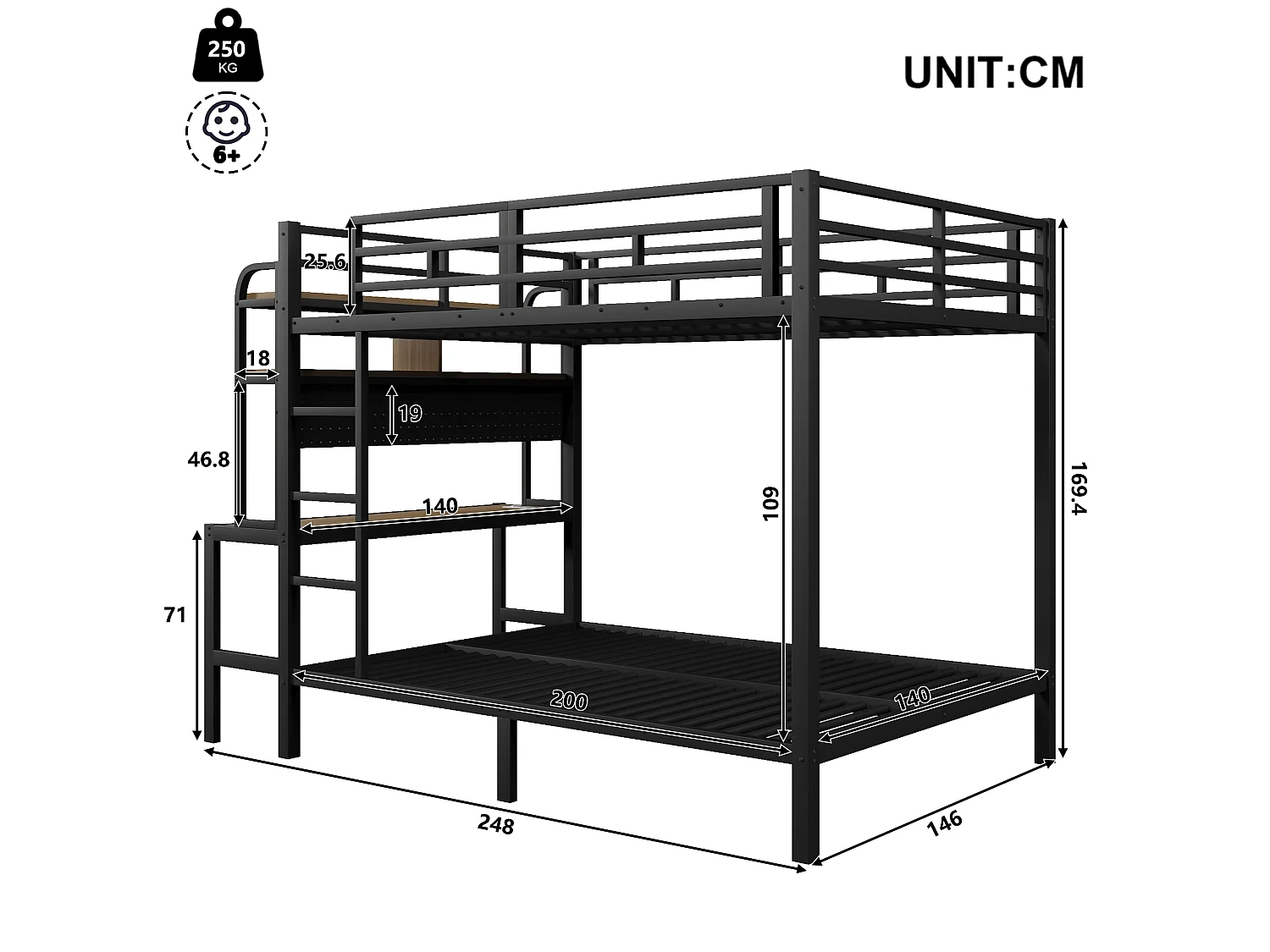Lit superposé 140x200 cm - avec compartiments de rangement - avec bureau - avec lumière LED - avec port USB - noir (matelas non inclus)