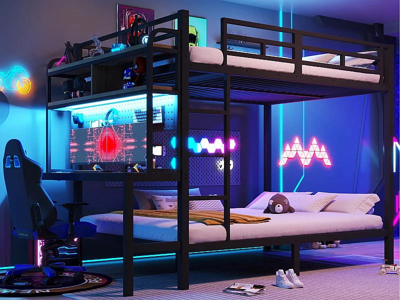 Stapelbed 140x200 cm - met opbergvakken - met bureau - met LED-verlichting - met USB-poort - zwart​ (matras niet inbegrepen)