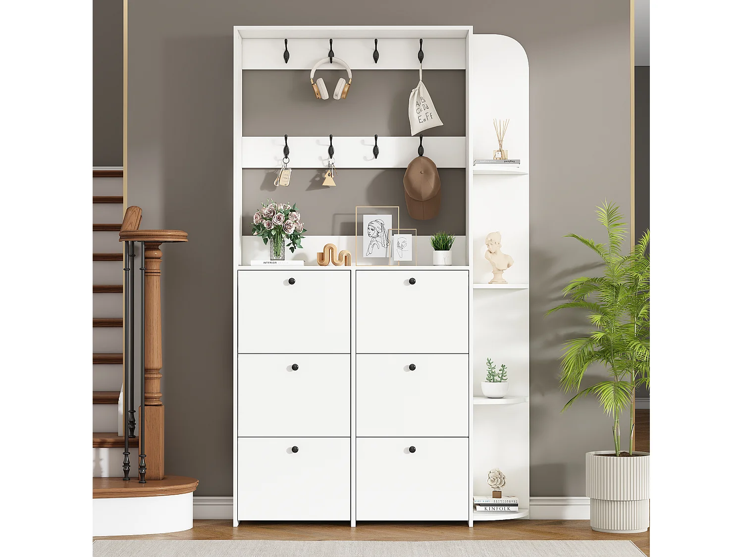 Zestaw szatni wejściowej 120x24x200 cm - z szafą na buty - 8 haczyków - Biały