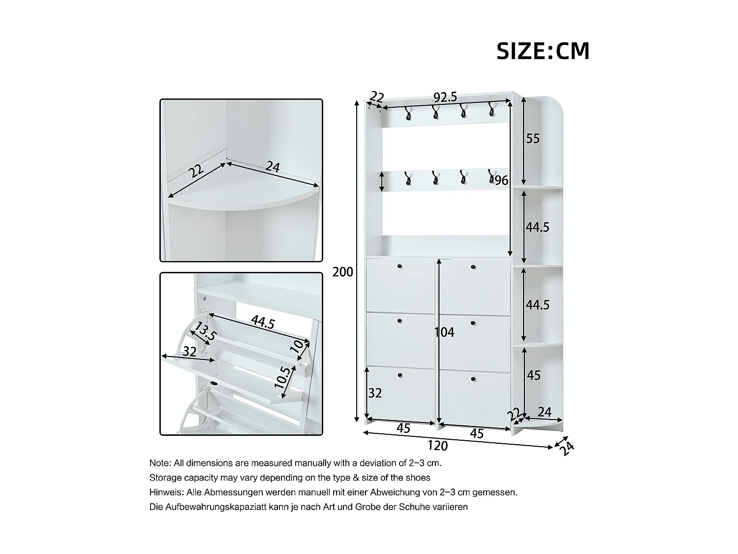 Zestaw szatni wejściowej 120x24x200 cm - z szafą na buty - 8 haczyków - Biały