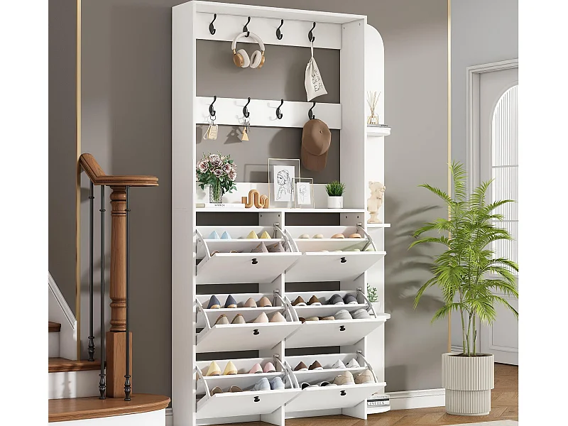 Zestaw szatni wejściowej 120x24x200 cm - z szafą na buty - 8 haczyków - Biały