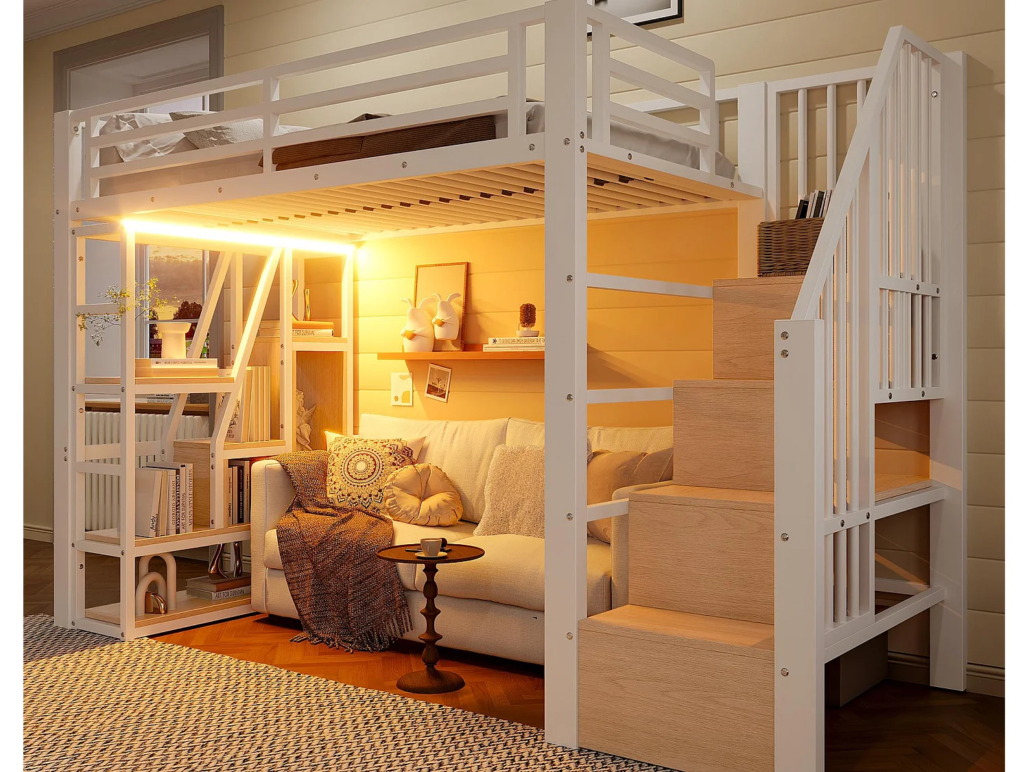 Cama mezanino em ferro forjado 90x200 cm - Compartimentos de armazenamento - Grades de segurança + escada - iluminação LED - ​​Branco​​ (colchão não incluído)