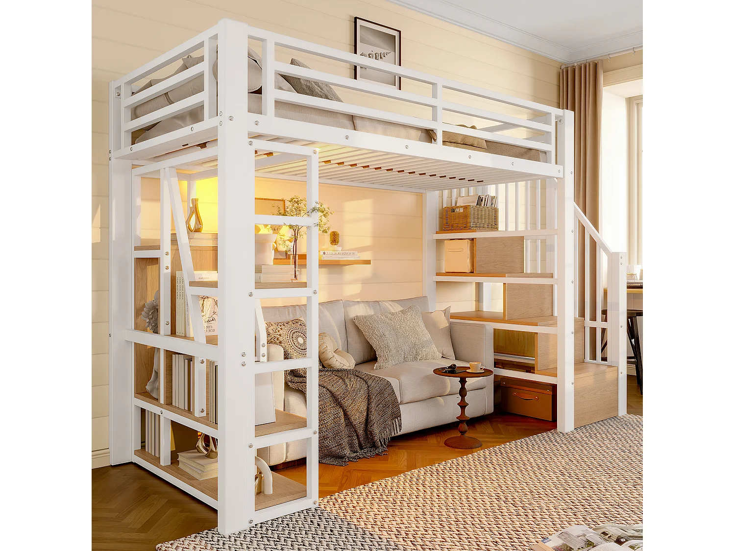 Cama mezanino em ferro forjado 90x200 cm - Compartimentos de armazenamento - Grades de segurança + escada - iluminação LED - ​​Branco​​ (colchão não incluído)